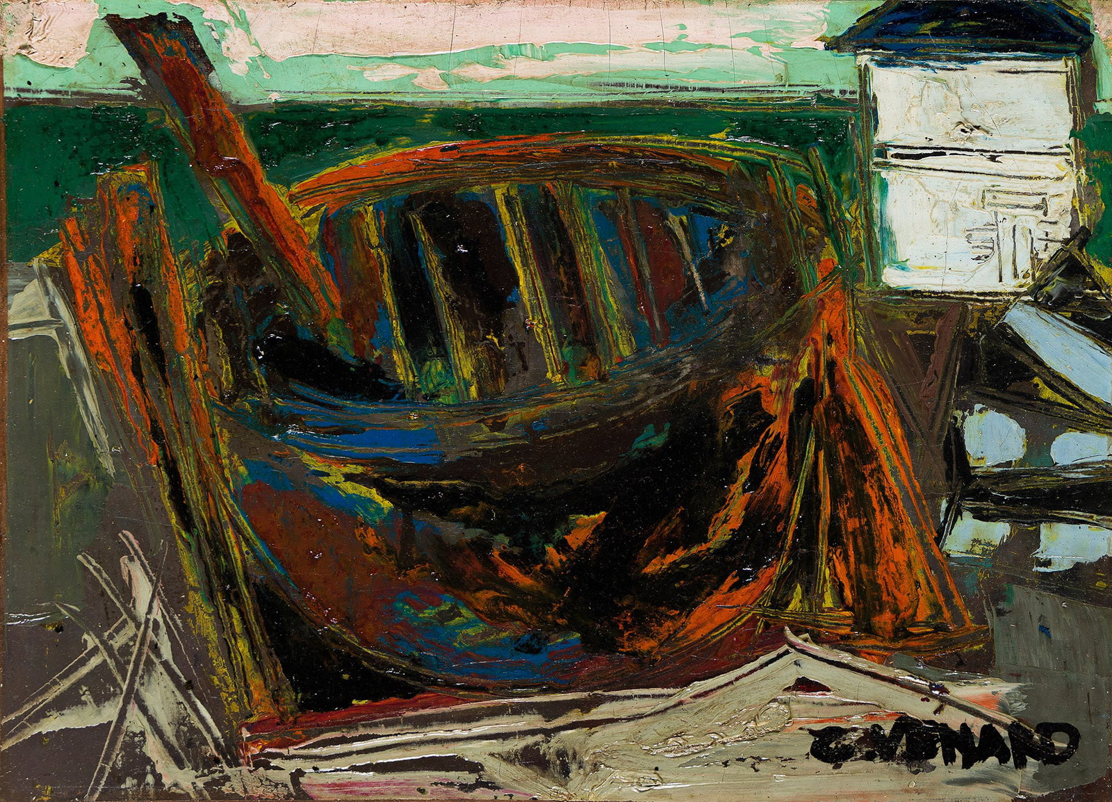 Claude Vernard (1913-1999), Bateau au port.: Claude Vernard (1913-1999) Bateau au port. Oil on canvas. Signed lower right. 9 1/2 x 13 1/8 in. (24.1 x 33.3 cm.) Frame: 17 x 20 1/2 in. (43.2 x 52.1 cm.) Provenance: David Killen Gal