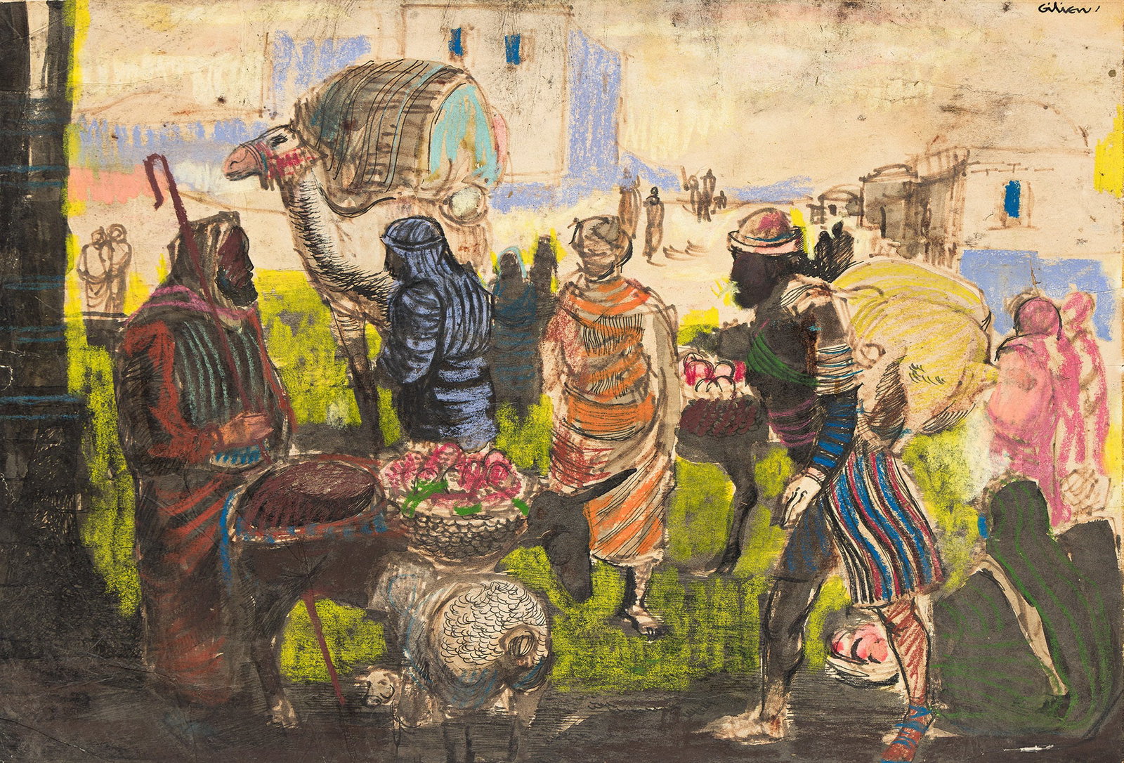 Ted Gilien (1914-1967), Caravan.: Ted Gilien (1914-1967) Caravan. Pastels with ink and wash on wove paper mounted to board. Signed in ink, upper right. 16 1/4 x 23 3/4 in. (41 x 60.3 cm.) Provenance: Private collection, N