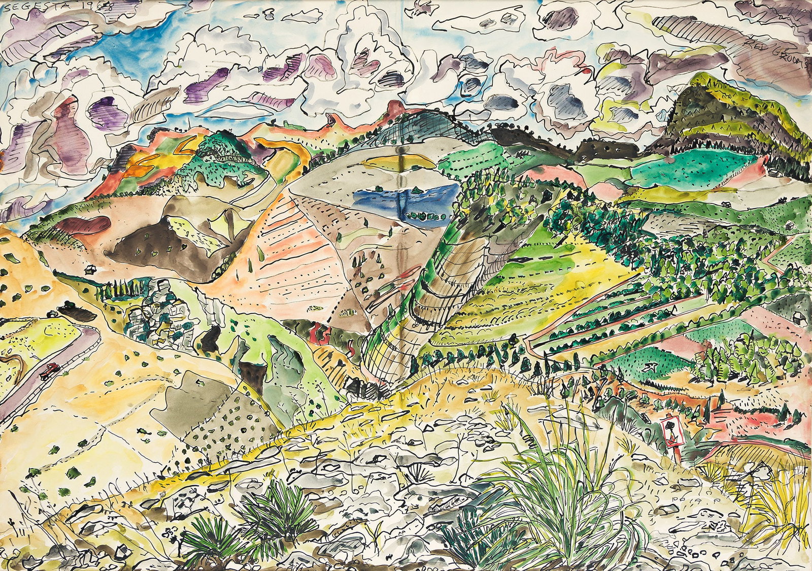 Red Grooms (b. 1937), Segesta, 1968.: Red Grooms (b. 1937) Segesta. Ink and watercolor on paper, 1968. Signed, titled and dated, upper edge. 27 3/4 x 39 3/8 in. (70.5 x 100 cm.) Frame: 29 1/2 x 41 1/4 in. (74.9 x 104.8 cm.) Prove