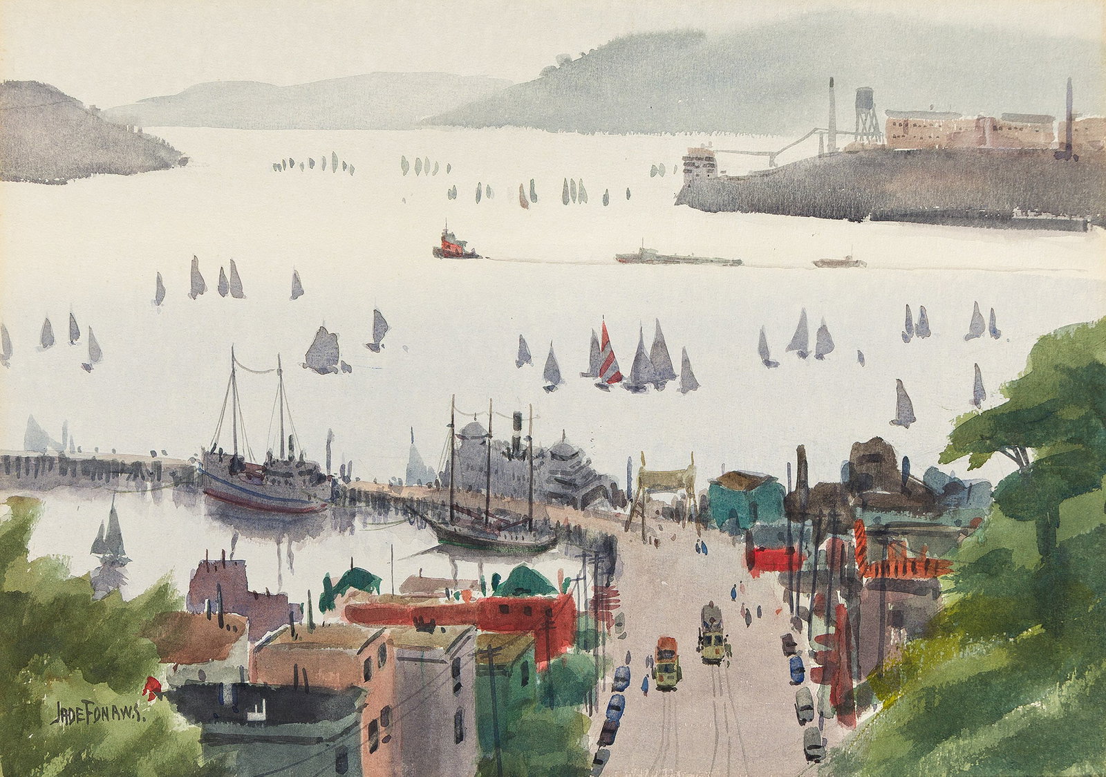 Jade Fon (1911-1983), Foggy Day on the Bay.: Jade Fon (1911-1983) Foggy Day on the Bay. Watercolor on wove paper. Signed lower left. Titled in ink, verso. 15 x 21 in. (38.1 x 53.3 cm.) Frame: 25 1/2 x 31 1/2 in. (64.8 x 80 cm.) Provenan