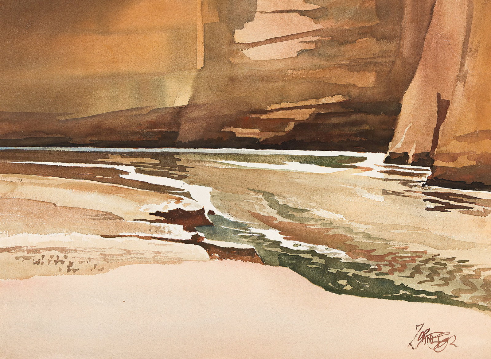 Milford Zornes (1908-2008), Kanab Canyon.: Milford Zornes (1908-2008) Kanab Canyon. Watercolor on Arches Aquarelle. Signed lower right. Signed and titled in pencil, verso. 22 x 30 in. (55.9 x 76.2 cm.) Frame: 24 3/4 x 32 1/4 in. (62.9 x 81.9