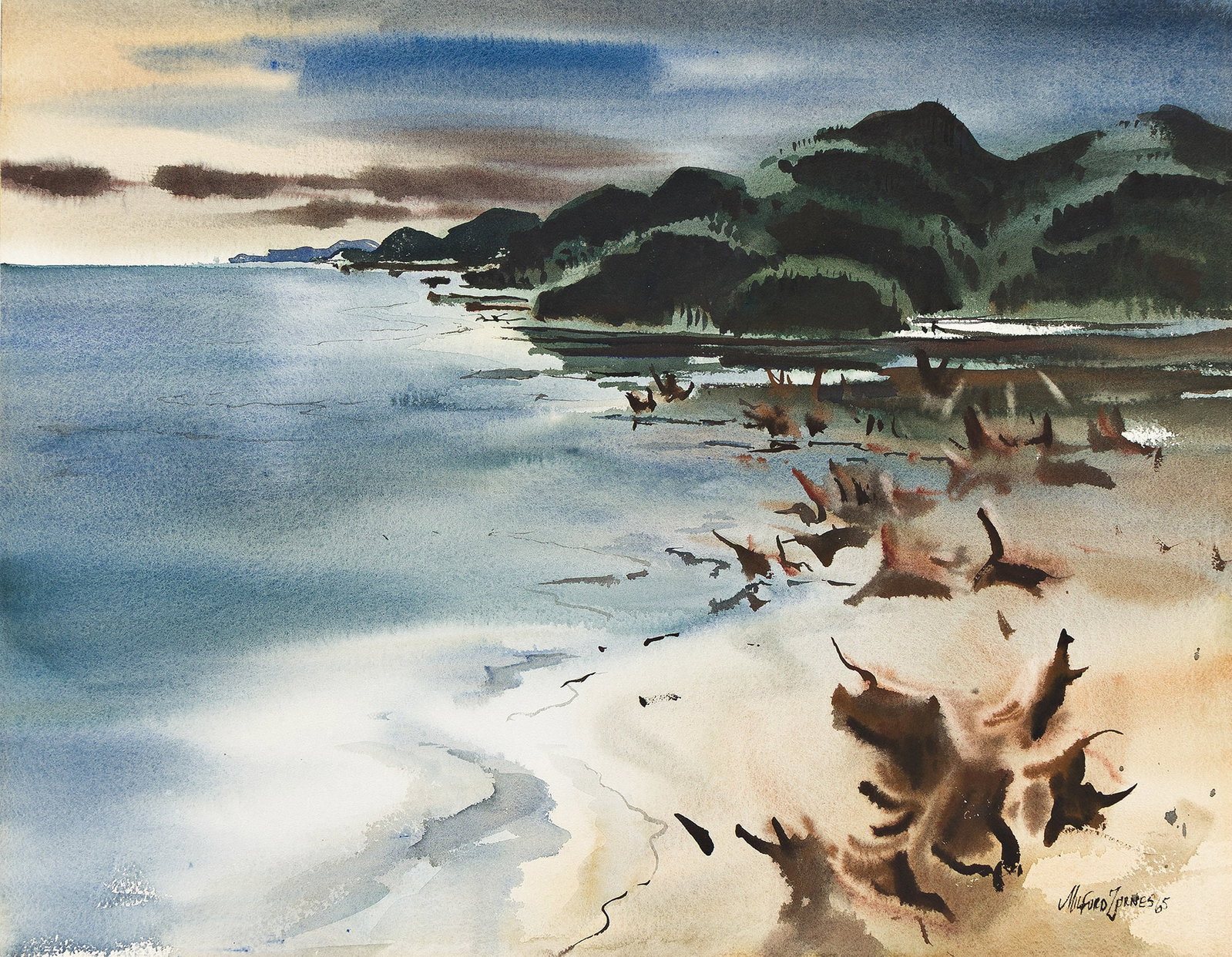 Milford Zornes (1908-2008), Shoreline, 1965.: Milford Zornes (1908-2008) Shoreline. Watercolor on wove paper, 1965. Signed and dated lower right. 22 1/8 x 28 1/8 in. (56.2 x 71.5 cm.) Frame: 31 1/4 x 37 in. (79.4 x 94 cm.) Provenance: