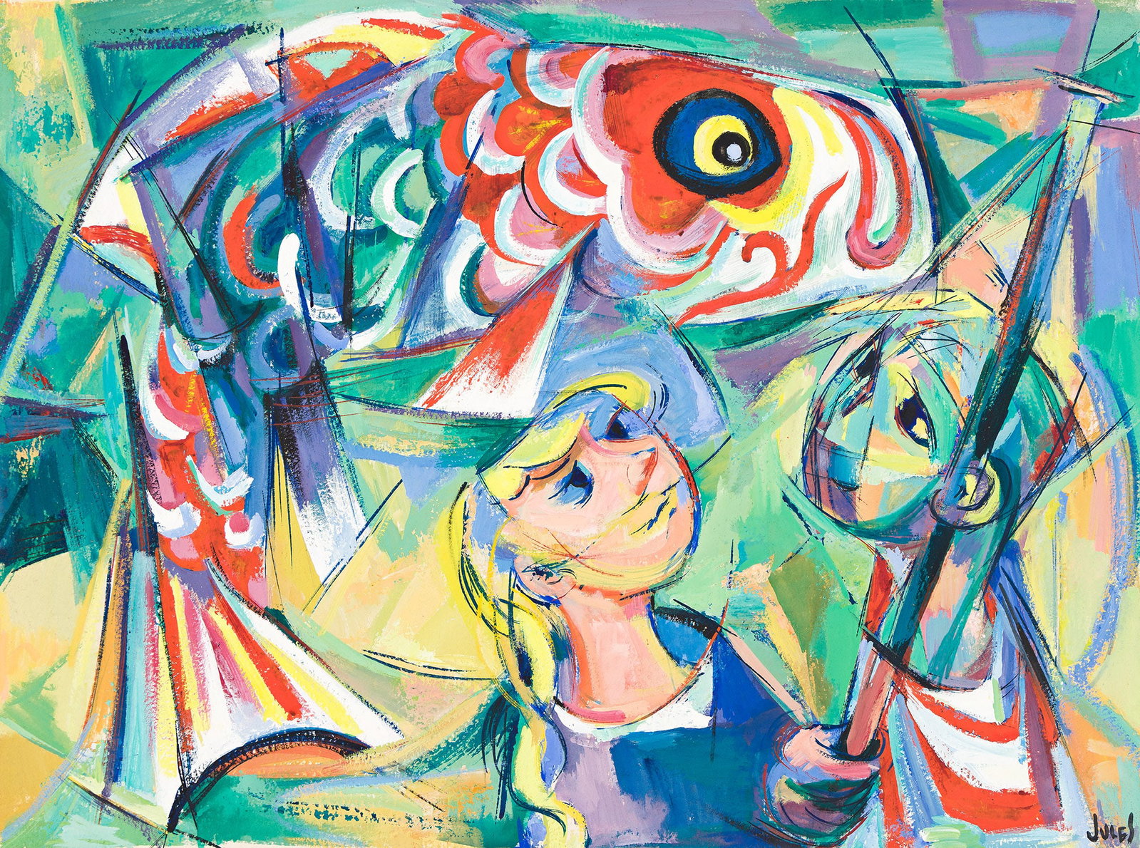 Mervin Jules (1912-1994), The Fish Kite.: Mervin Jules (1912-1994) The Fish Kite. Gouache on Arches Torchon paper. Signed lower right. 22 3/8 x 30 in. (56.8 x 76.2 cm.) Frame: 32 1/2 x 37 3/4 in. (82.6 x 95.9 cm.) Provenance: