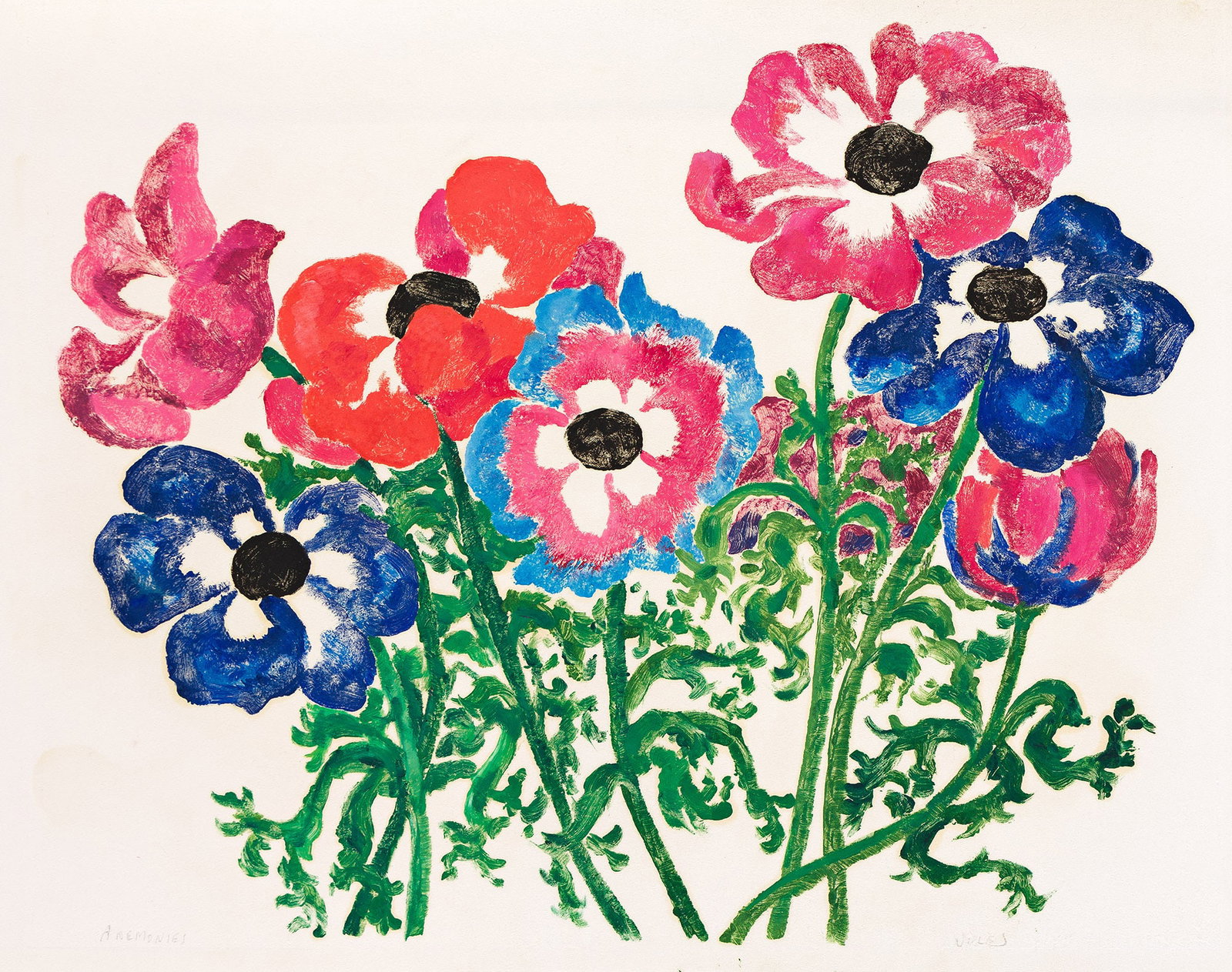 Mervin Jules (1912-1994), Anemones.: Mervin Jules (1912-1994) Anemones. Monotype with color woodcut and oil on fibrous wove paper. Signed and titled in pencil, lower margin. Sheet: 19 1/4 x 24 3/8 in. (48.9 x 61.9 cm.), full margins. F