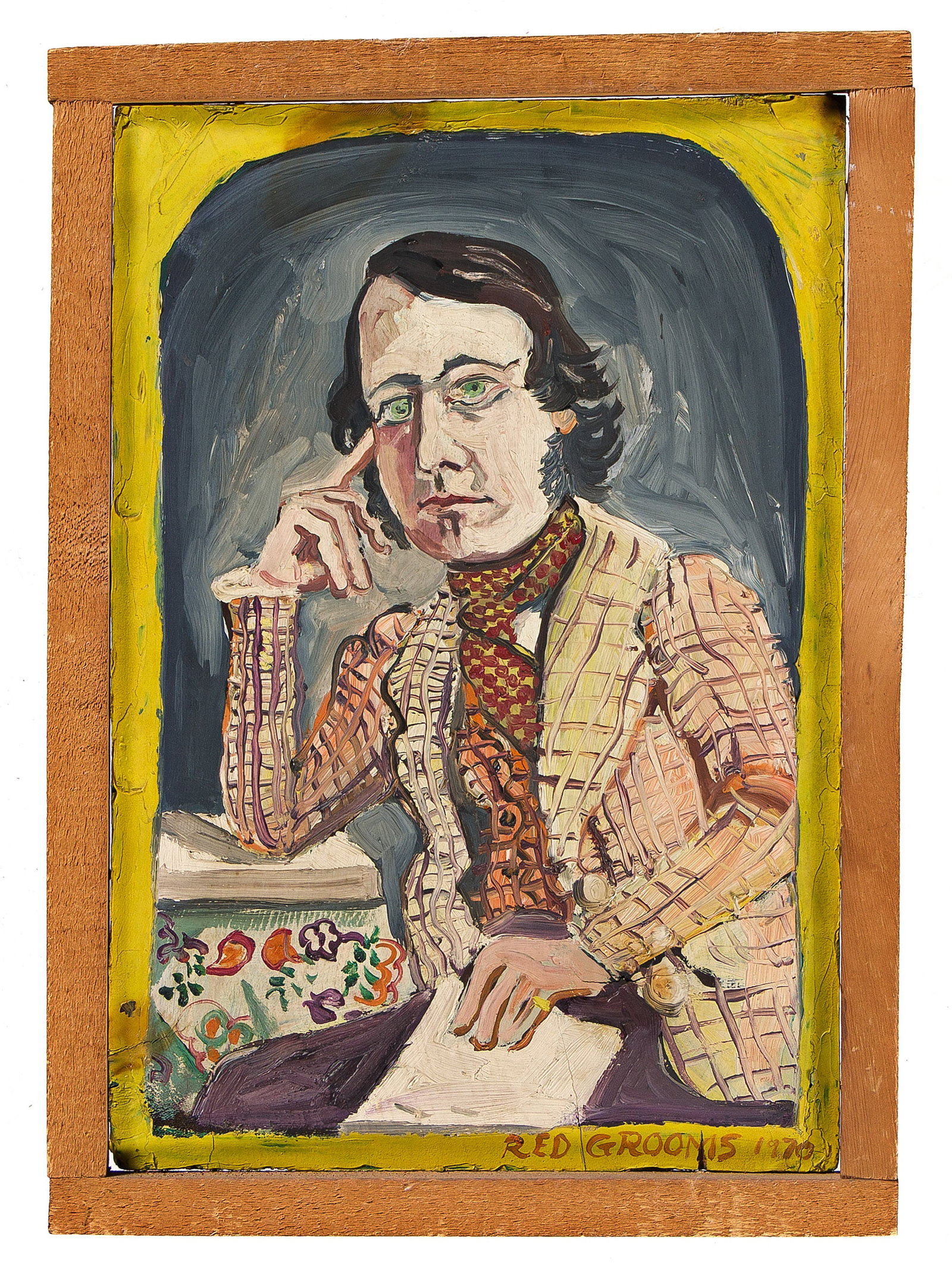 Red Grooms (b. 1937), Portrait of a Writer, 1970.: Red Grooms (b. 1937) Portrait of a Writer. Oil on panel, 1970. Signed and dated lower right. 14 x 9 1/2 in. (35.6 x 24.1 cm.) Frame: 15 1/2 x 11 in. (39.4 x 27.9 cm.)