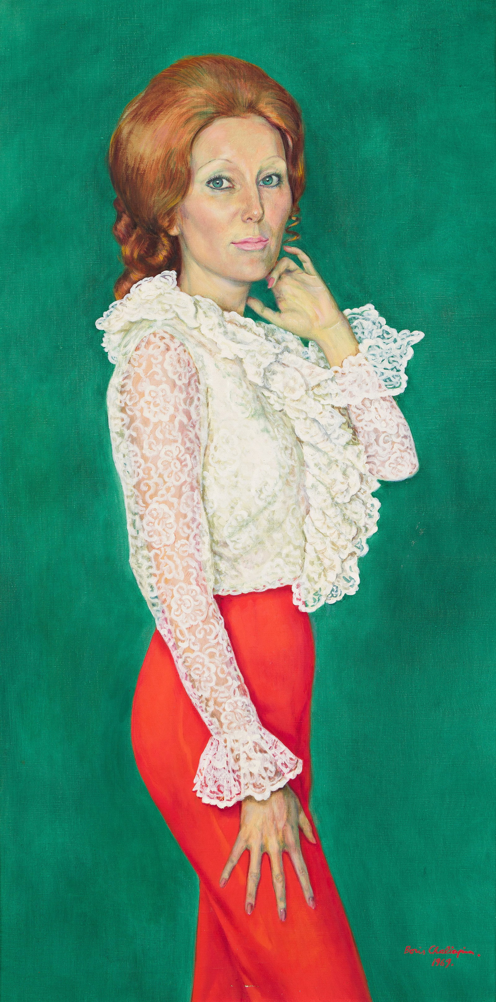 Boris Chaliapin (1904-1979), Mrs. Kaufman, 1969.: Boris Chaliapin (1904-1979) Mrs. Kaufman. Oil on canvas, 1969. Signed and dated lower right. Titled on the label verso. 45 x 23 in. (114.5 x 58.5 cm.) Frame: 46 1/2 x 24 1/4 in. (118.1 x 61.6 cm.)