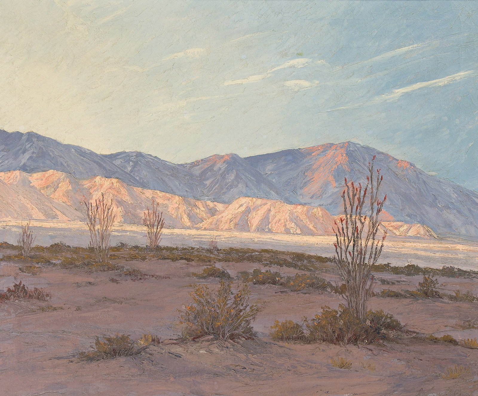 John William Hilton (1904-1983), Desert Landscape.: John William Hilton (1904-1983) Desert Landscape. Oil on canvas. Signed lower right. Dedicated in pencil, verso. 30 x 25 in. (76.2 x 63.5 cm.) Frame: 31 1/4 x 36 1/4 in. (79.4 x 92.1 cm.) Pro