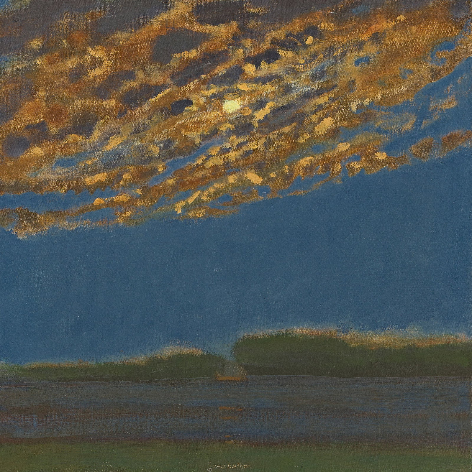 Jane Wilson (1924-2015), Moon at Midnight, 1990.: Jane Wilson (1924-2015) Moon at Midnight. Oil on canvas, 1990. Signed lower center. Signed, titled and dated verso. 18 x 18 in. (45.7 x 45.7 cm.) Frame: 19 1/4 x 19 1/4 in. (48.9 x 48.9 cm.)