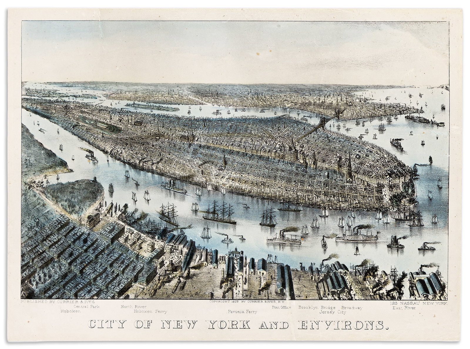 Currier & Ives, City of New York and Environs, 1875.: Currier & Ives City of New York and Environs. Hand-colored lithograph. New York, 1875 Small-folio bird's-eye view of Manhattan looking east. Archivally lined on verso stabilizing short repairs, am