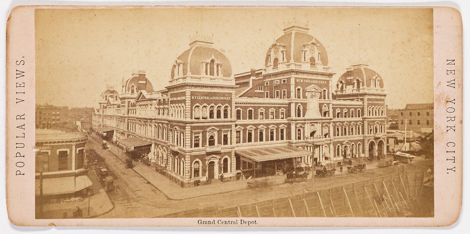 A group of 9 iconic New York City views, 1880s-90s.: A group of 9 iconic New York City views. 1880s-90s. Albumen prints (9). Each with printed captions on mount recto, and all but two with captions in pencil on mount verso. The images 3 3/4 x 7 1/8 in. 