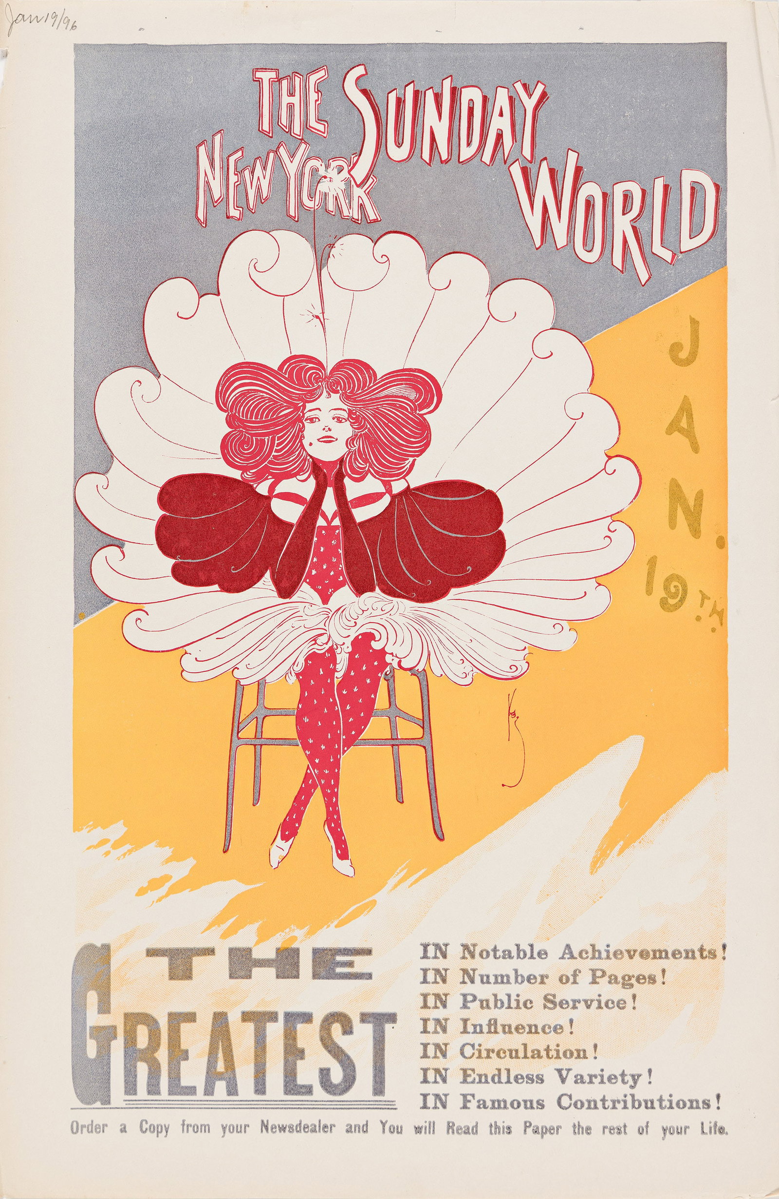Various Artists, The New York Sunday World, Group of 8 covers. 1890s.: Various Artists The New York Sunday World. Group of 8 covers. 1890s. Lithographed small format posters. Images available upon request. Each approximately 18 x 12 in. (45.75 x 30.5 cm.) Additional De