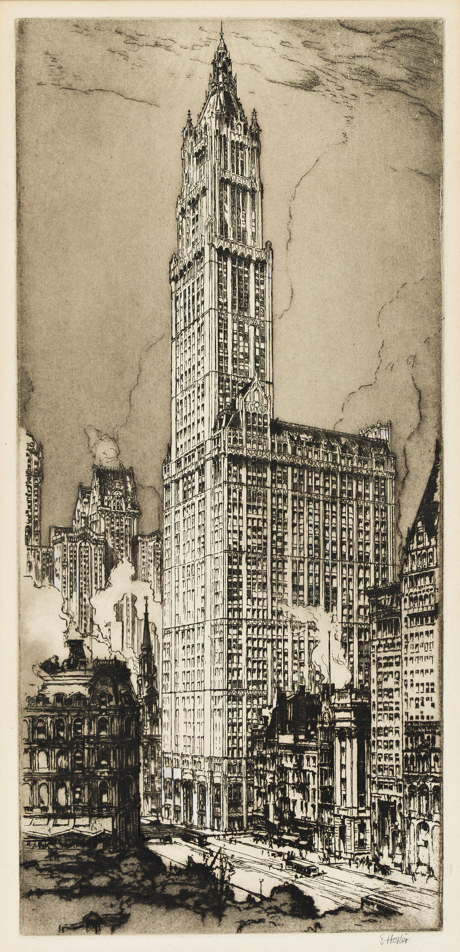 Earl Horter, The Woolworth Building, Etching on cream wove paper, circa 1915.: Earl Horter (1881-1940) The Woolworth Building. Etching on cream wove paper, circa 1915. Signed in pencil, lower right. Plate: 13 1/2 x 6 1/4 in. (34.3 x 15.9 cm.), wide margins. Additional D