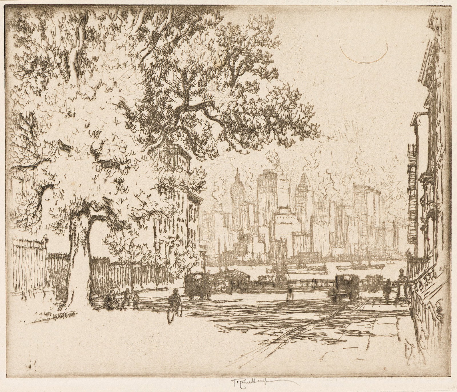 Joseph Pennell, New York, From Grace Court, Etching, 1924.: Joseph Pennell (1857-1926) New York, From Grace Court. Etching, 1924. Edition of approximately 60. Signed in pencil, lower margin. Wuerth 836. 7 3/8 and 8 7/8 in 7 3/8 x 8 7/8 in. (18.7 x 22.5 c