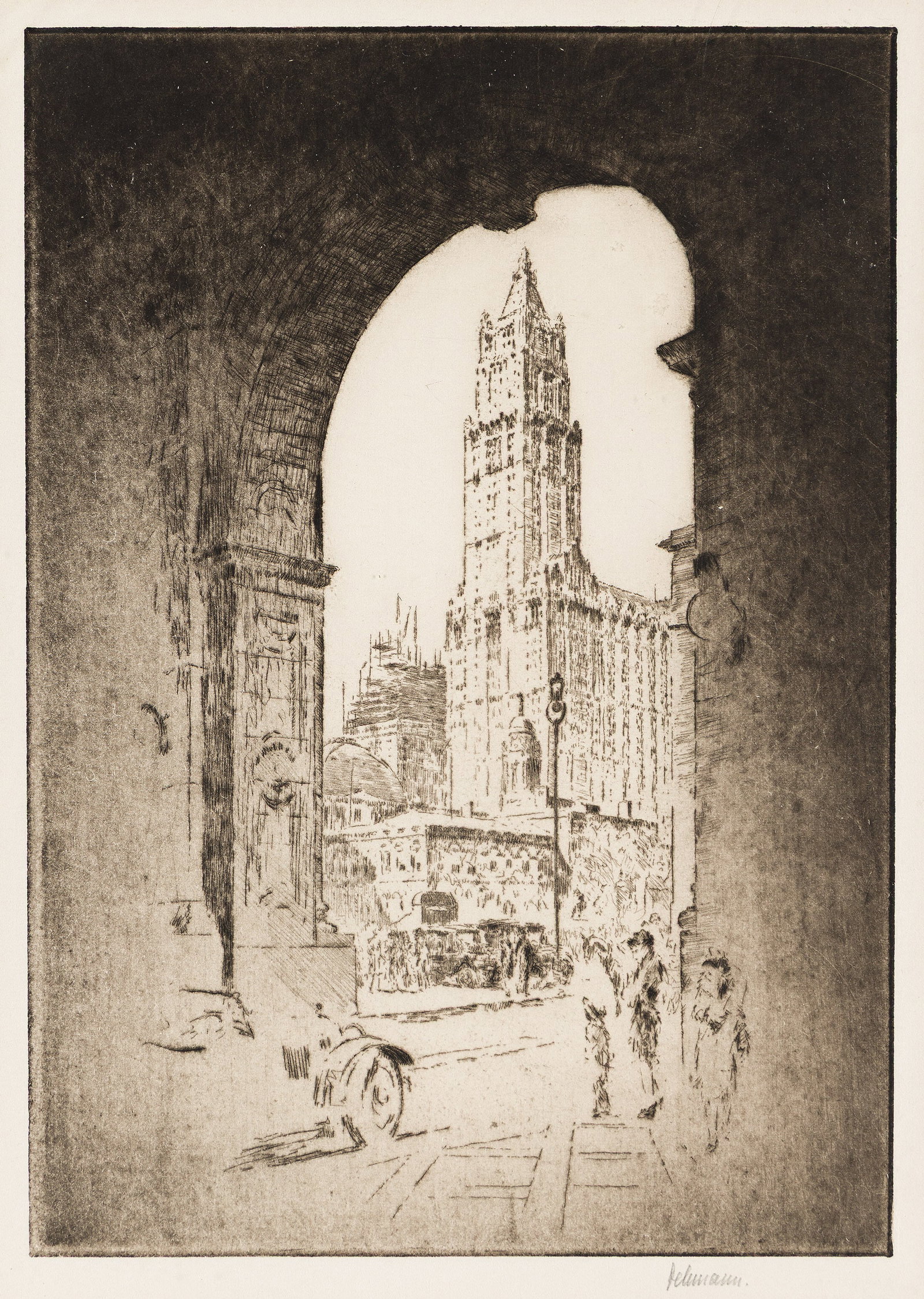Karl Dehmann, Woolworth Building Through the Arch, Etching on laid paper, circa 1925.: Karl Dehmann (1886-1974) Woolworth Building Through the Arch. Etching on laid paper, circa 1925. Signed in pencil, lower right. Plate :10 x 7 in. (25.4 x 17.8 cm.), wide margins. Additional D
