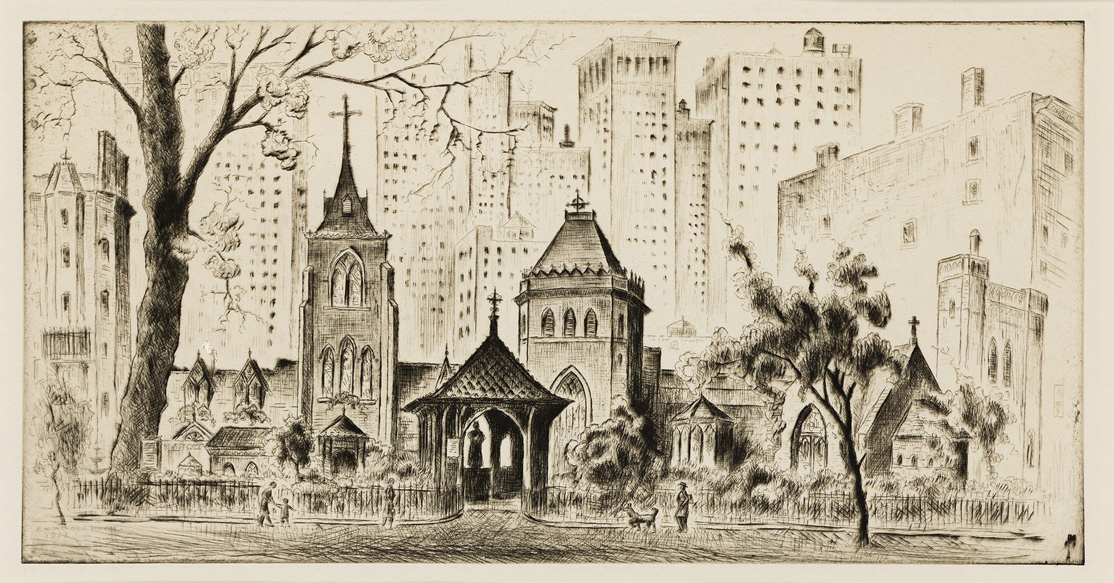 F. Werner Hoppe, Little Church Around the Corner, circa 1928.: F. Werner Hoppe Active 1920s and 1930s Little Church Around the Corner. Etching on cream wove paper, circa 1928. Signed and dated in the plate. edition size and date unknown. Plate: 6 7/8 x 13 1/2 in.