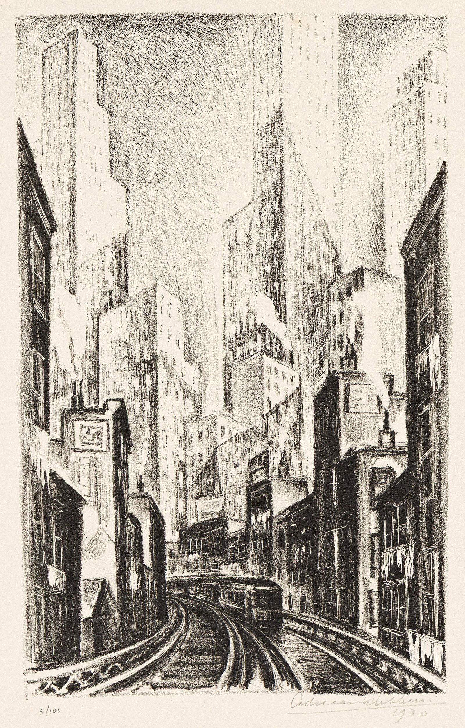 Adriaan Lubbers, The El at Chatham Square, Lithograph, 1930.: Adriaan Lubbers 1892-1954 The El at Chatham Square. Lithograph, 1930. Signed, dated and numbered 6/100 in pencil, lower margin. Image: 9 1/4 x 5 7/8 in. (23.5 x 14.9 cm.), full margins. Addit