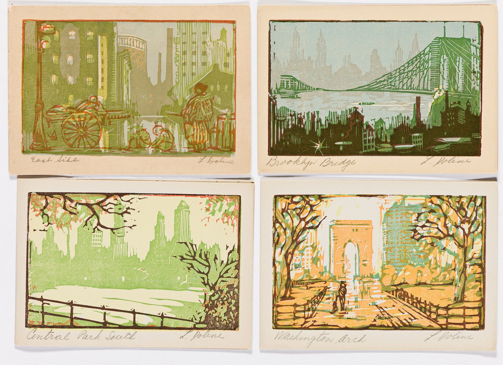 Leon Dolice, Group of 15 greeting cards, 12 color woodcuts and three etchings, circa 1930's.: Leon Dolice 1892-1960 Group of 15 greeting cards. 12 color woodcuts and three etchings, circa 1930's. Each print signed and titled in pencil. Various views of New York City including Wall Street, Fift