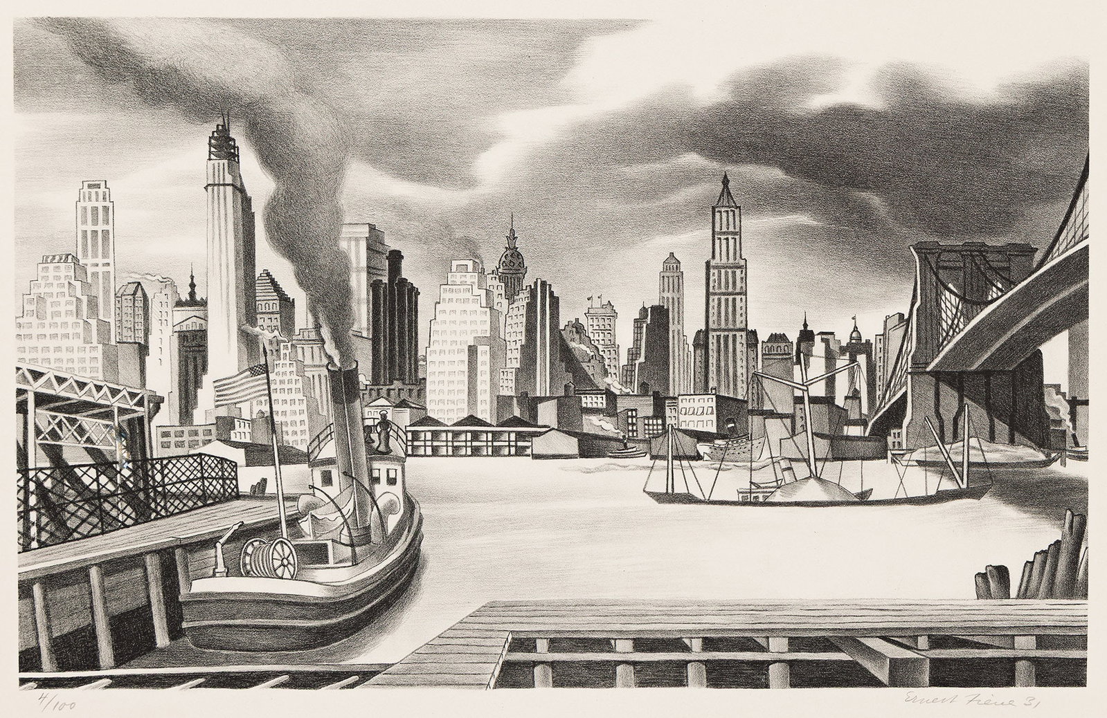 Ernest Fiene, Waterfront, Manhattan, Lithograph, 1931. (1 of 1)