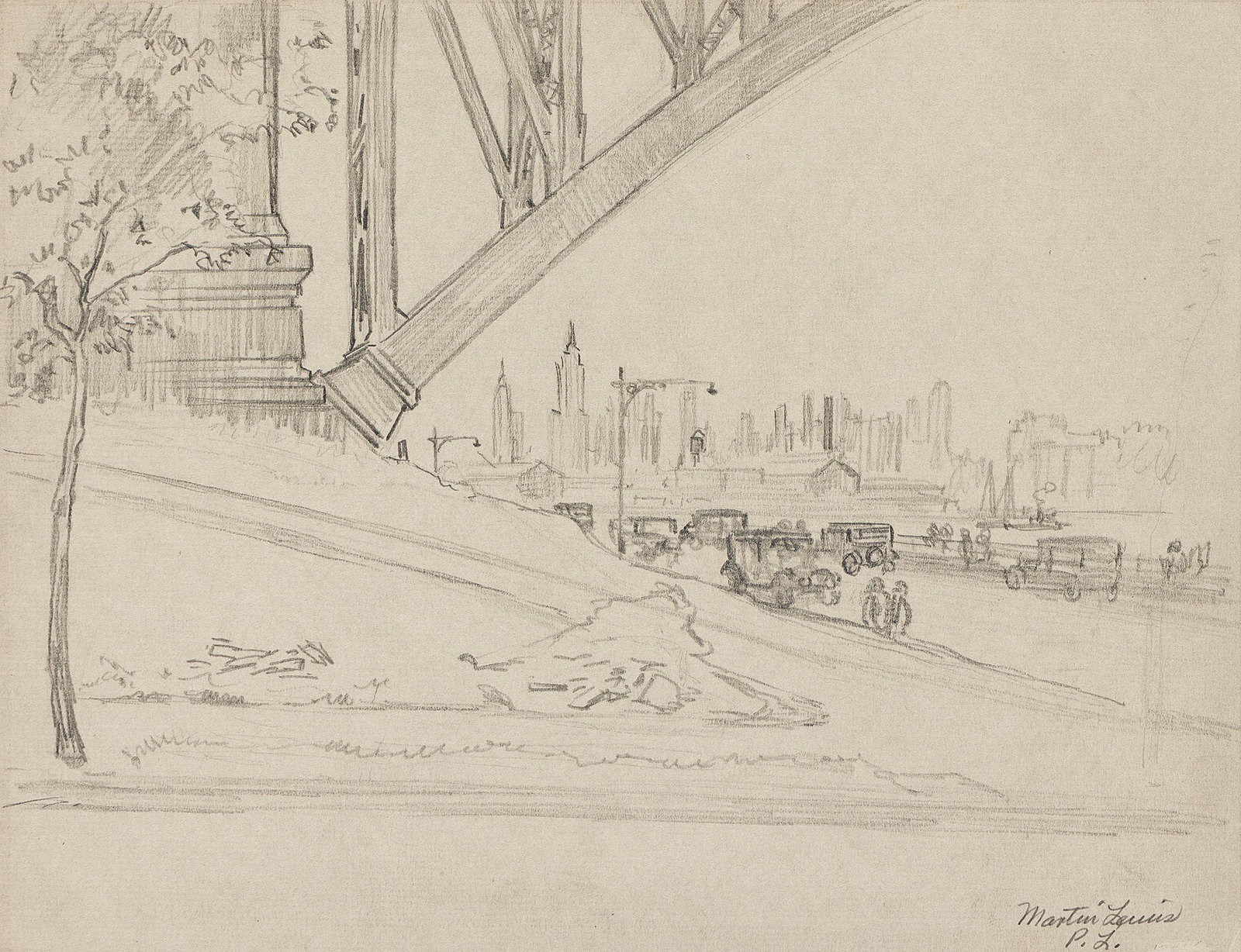 Martin Lewis, View of Manhattan from Under Hell Gate Bridge, Pencil on grey laid paper, circa 1920. (1 of 1)