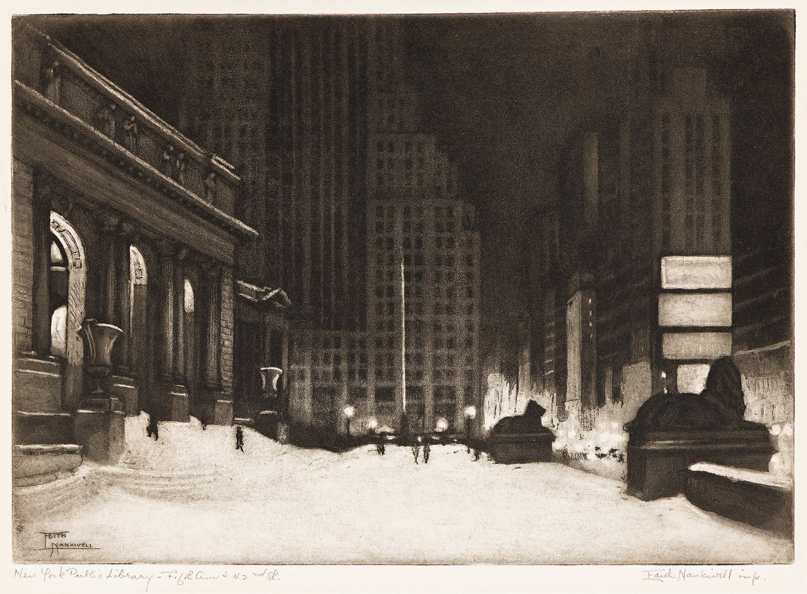 Edith Nankivell, New York Public Library (Fifth Avenue and 42nd Street), Aquatint, circa 1930s.: Edith Nankivell 1896-1962 New York Public Library (Fifth Avenue and 42nd Street). Aquatint, circa 1930s. Signed, titled and inscribed "imp" in pencil, lower margin. Plate: 7 x 10 in. (17.8 x 25.3 cm.)