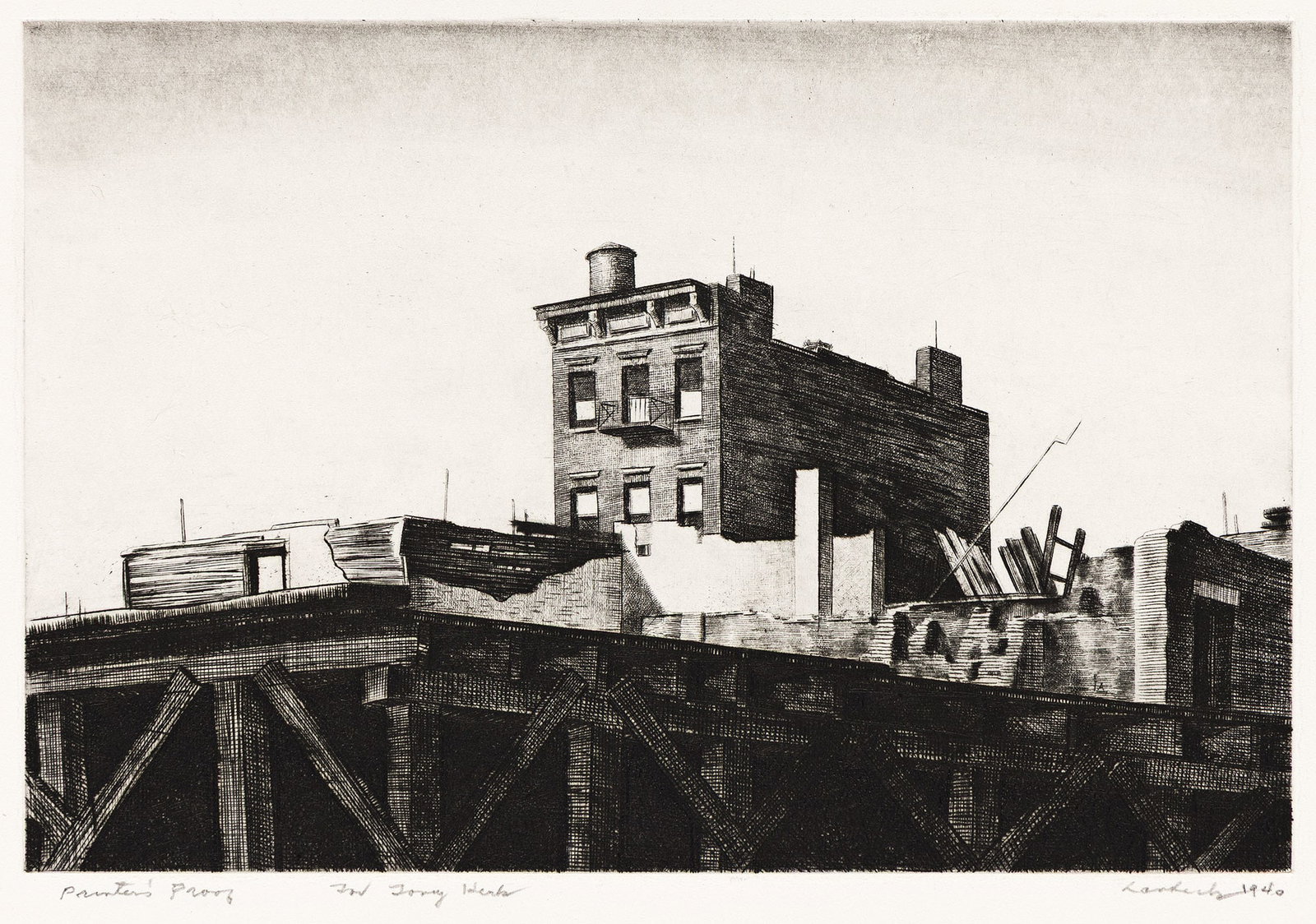 Armin Landeck, Demolition #1, Drypoint, 1940.: Armin Landeck 1905-1984 Demolition #1. Drypoint, 1940. Printer's proof, aside from the edition of 100. Signed, dated, inscribed "printer's proof" and dedicated in pencil, lower margin. Kraeft 80. Plat