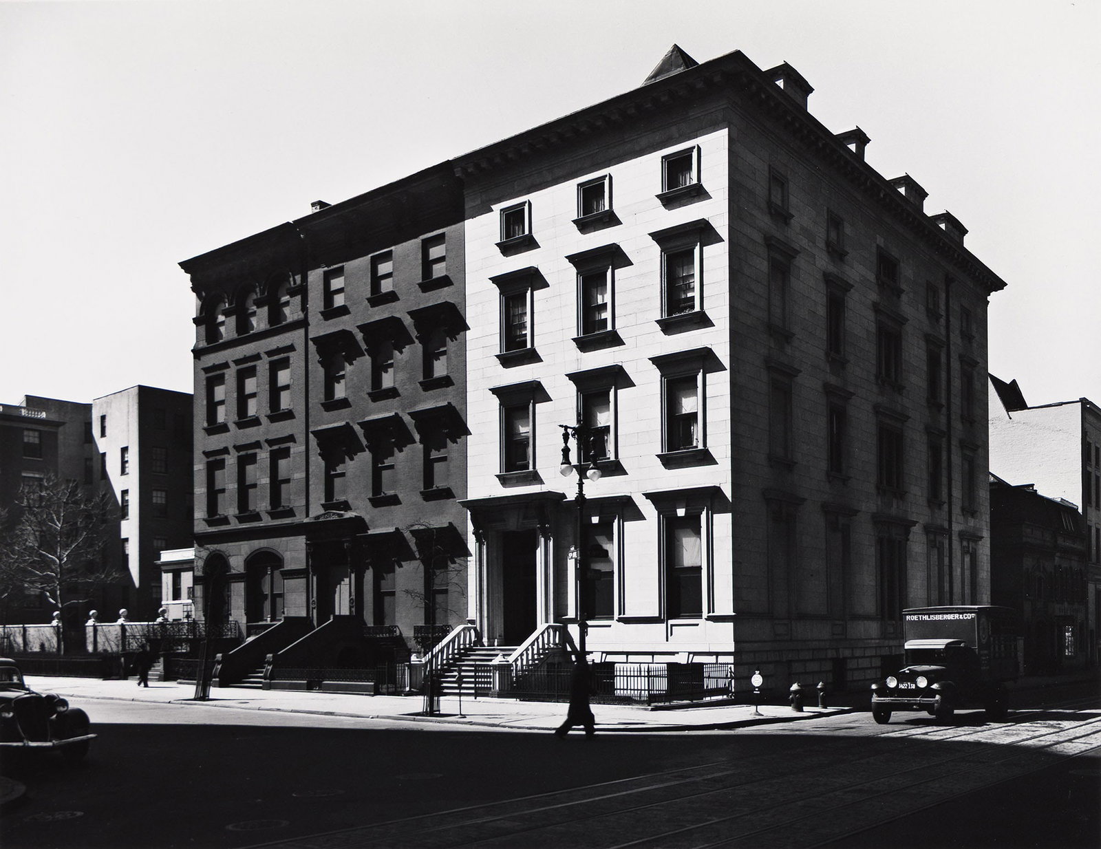 Berenice Abbott, Fifth Avenue Houses, Nos. 4, 6, 8, 1936; printed 1980s.: Berenice Abbott 1898-1991 Fifth Avenue Houses, Nos. 4, 6, 8. 1936; printed 1980s. Silver print. With Abbott's block-lettered signature and the edition notation 8/60 in pencil on mount recto. The image