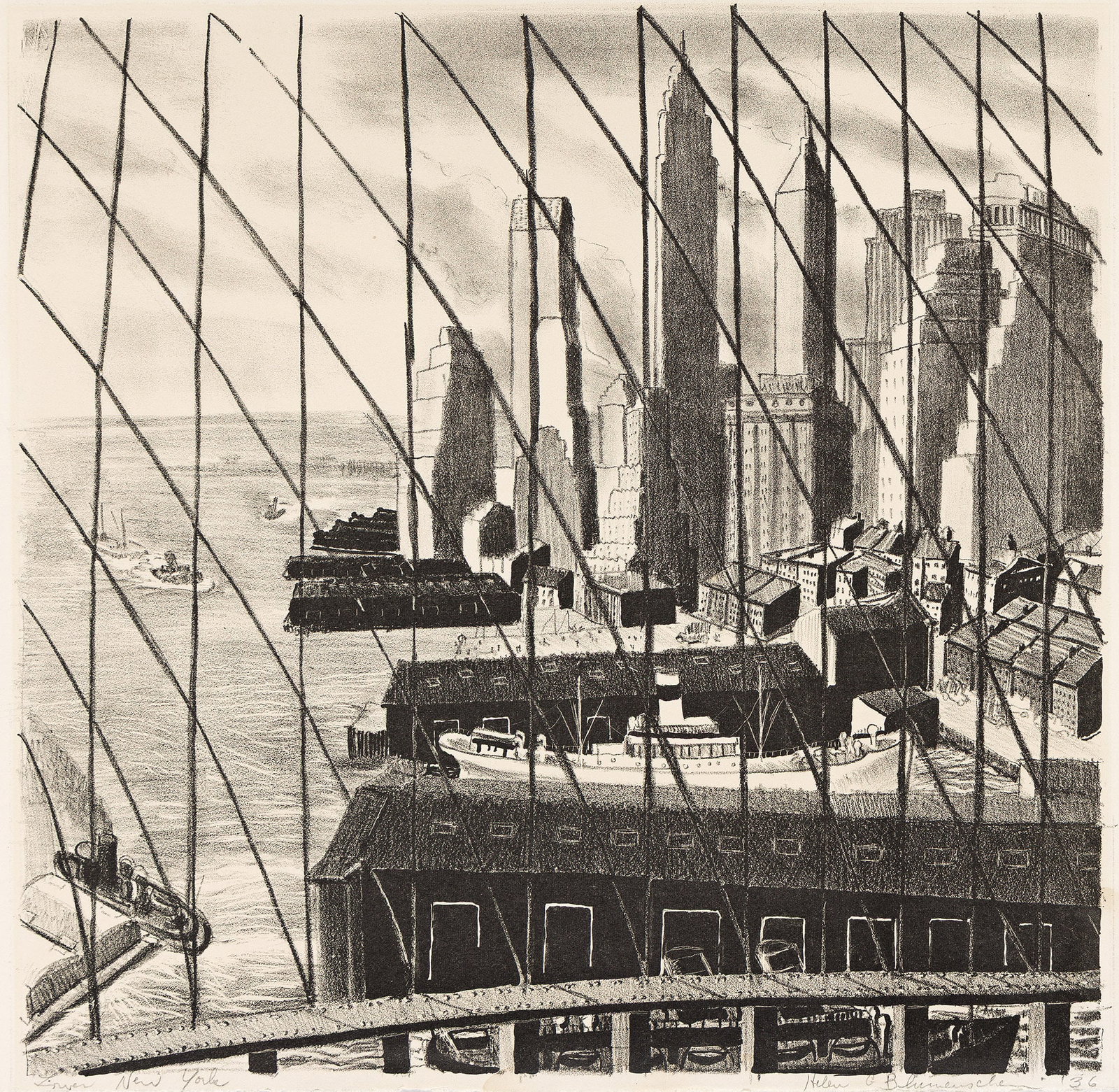 Helen Greene Blumenschein, Lower New York from Brooklyn Bridge, Lithograph, 1936.: Helen Greene Blumenschein 1909-1989 Lower New York from Brooklyn Bridge. Lithograph, 1936. Signed, dated and partially titled "Lower New York" in pencil, lower margin. Image: 12 1/8 x 12 1/4 in. (30.8