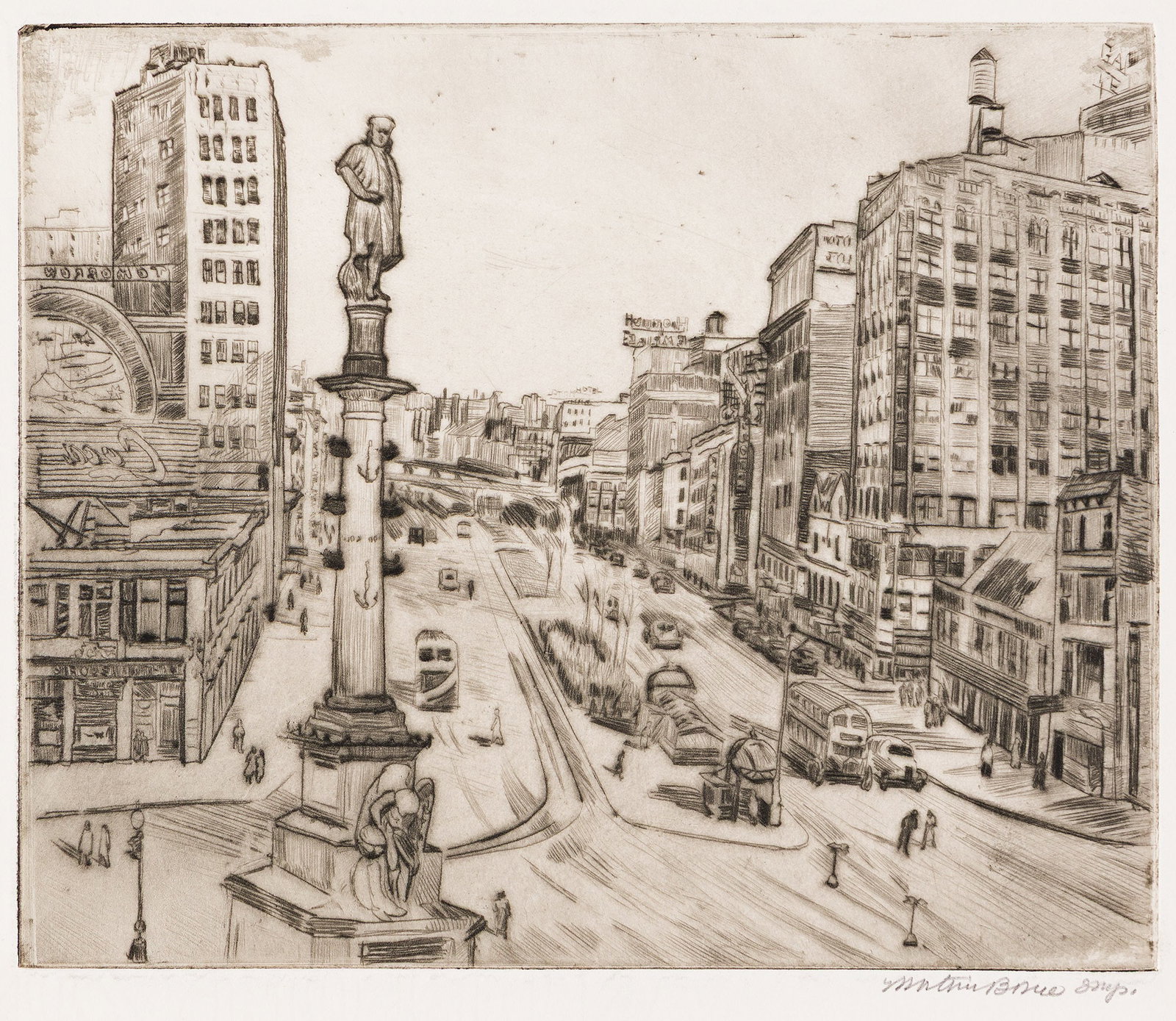 Mortimer Borne, Columbus Circle, Etching, 1938.: Mortimer Borne 1902-1987 Columbus Circle. Etching, 1938. Signed, titled and dated in pencil, lower margin. Plate: 7 x 8 1/2 in. (17.8 x 21.6 cm.), wide margins. Additional Details