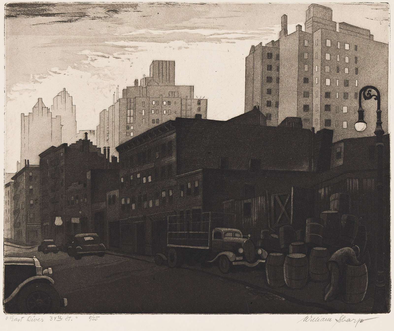 William Sharp, East River & 34th Street. Circa 1940.: William Sharp 1900-1961 East River & 34th Street. Etching and aquatint, circa 1940. Signed, titled and numbered 8/25 in pencil, lower margin. Plate: 8 7/8 x 11 in. (22.5 x 27.8 cm.), full margins.
