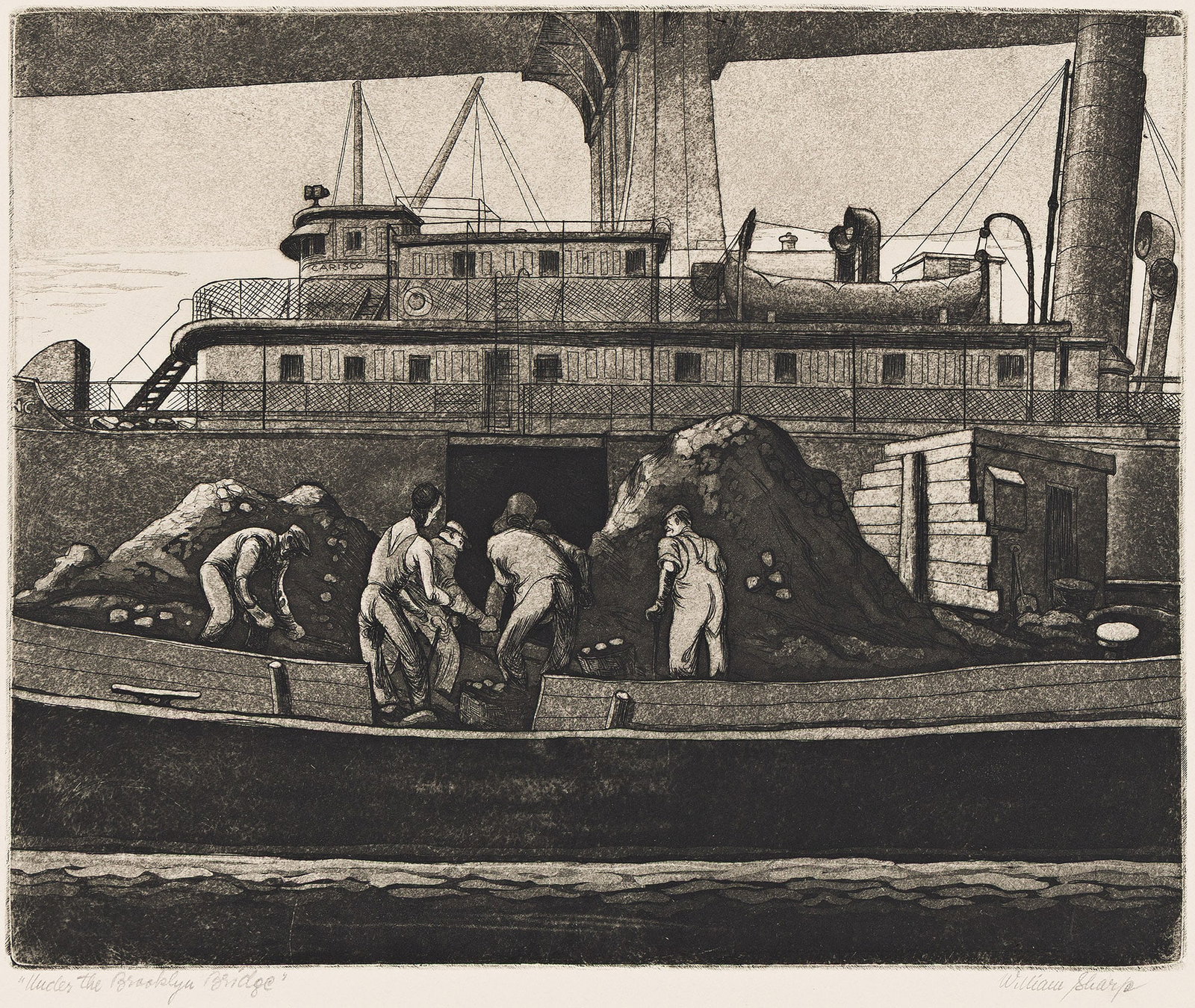 William Sharp, Under the Brooklyn Bridge. Circa 1940.: William Sharp 1900-1961 Under the Brooklyn Bridge. Circa 1940. Etching and aquatint. Signed and titled in pencil, lower margin. Plate: 8 7/8 x 10 7/8 in. (22.5 x 27.6 cm.), wide margins. Addi