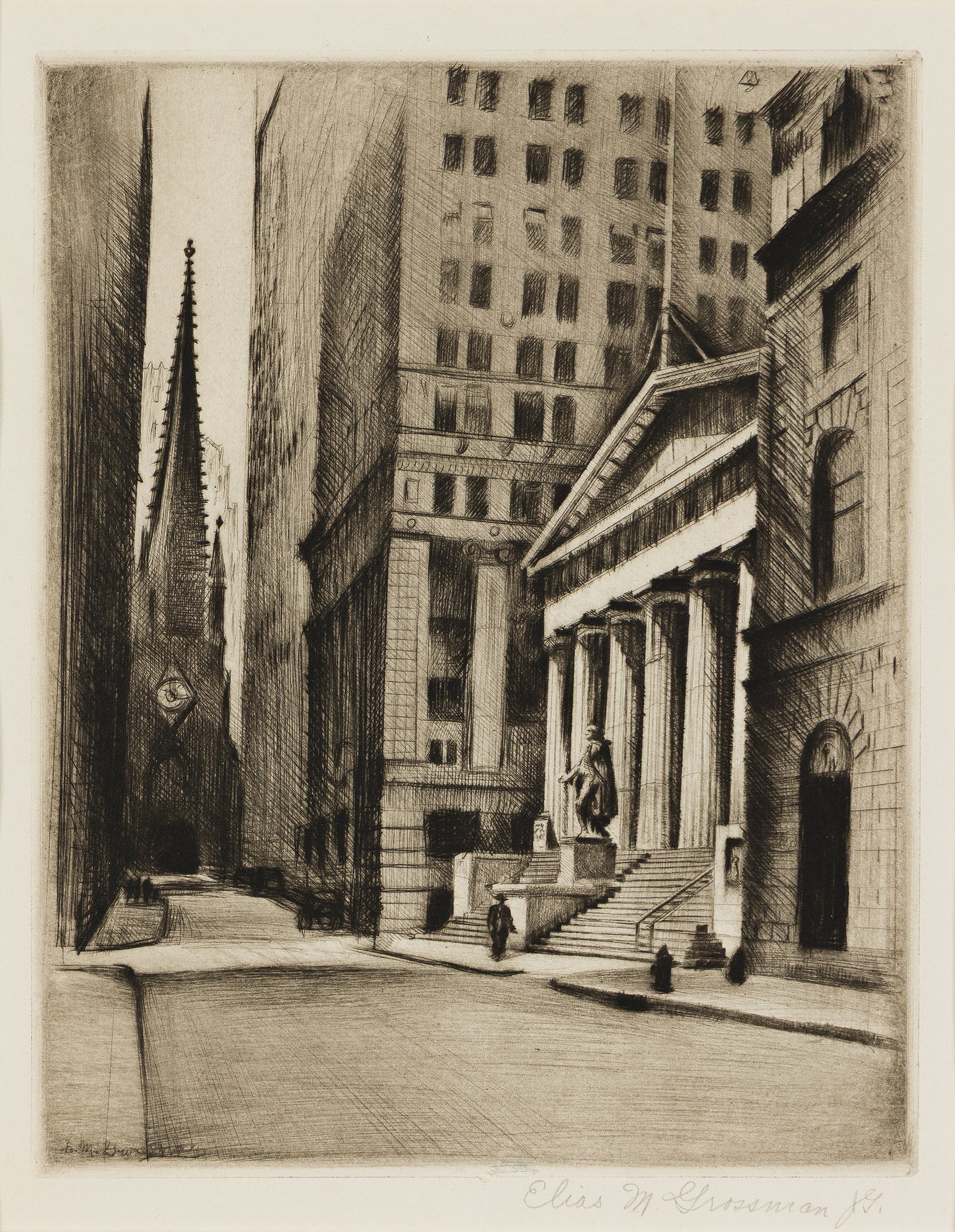 Elias Grossman, The Subtreasury Building, Trinity Church.: Elias Grossman 1898-1947 The Subtreasury Building, Trinity Church. Etching on cream paper. Signed in pencil at lower right. Edition size unknown. Plate: 8 3/4 x 7 in. (22.2 x 17.8 cm.), Frame: 18 1/4 