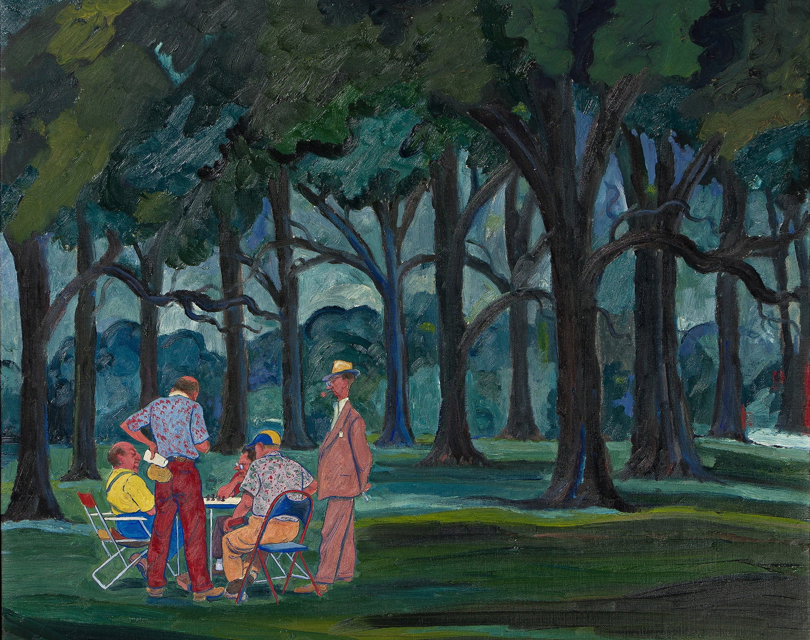 William Sharp, Chess Game in Alley Pond Park, Queens, Oil on canvas, circa 1940.: William Sharp 1900-1961 Chess Game in Alley Pond Park, Queens. Oil on canvas, circa 1940. Provenance Estate of the artist, with the estate stamp verso. Private collection, New York. Frame: 21 3/4