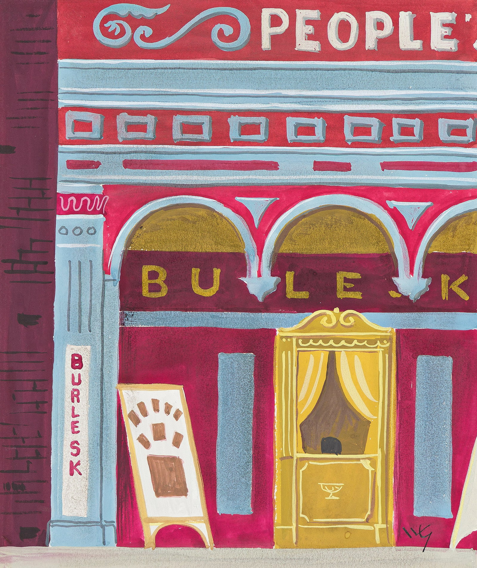 Witold Gordon, 6 illustrations, New York Storefronts, 1934-1943.: Witold Gordon 1885-1968 6 illustrations, New York Storefronts. 1934-1943. Gouache on Bristol board. 6 small illustrations, each initialed in pencil. All but "International Painters Supplies" are numbe