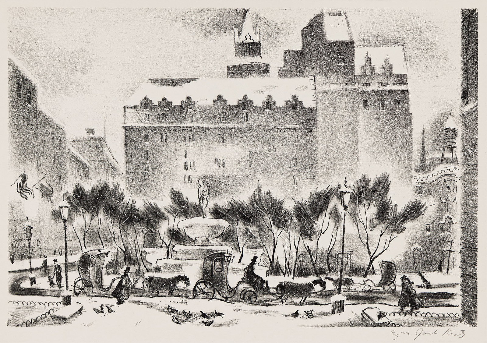 Ezra Jack Keats, The Plaza, Lithograph, circa 1945.: Ezra Jack Keats 1916-1983 The Plaza. Lithograph, circa 1945. Signed in pencil, lower right margin. Image: 8 3/4 x 13.67 in. (22.2 x 34.7 cm.), wide margins. Additional Details Cond
