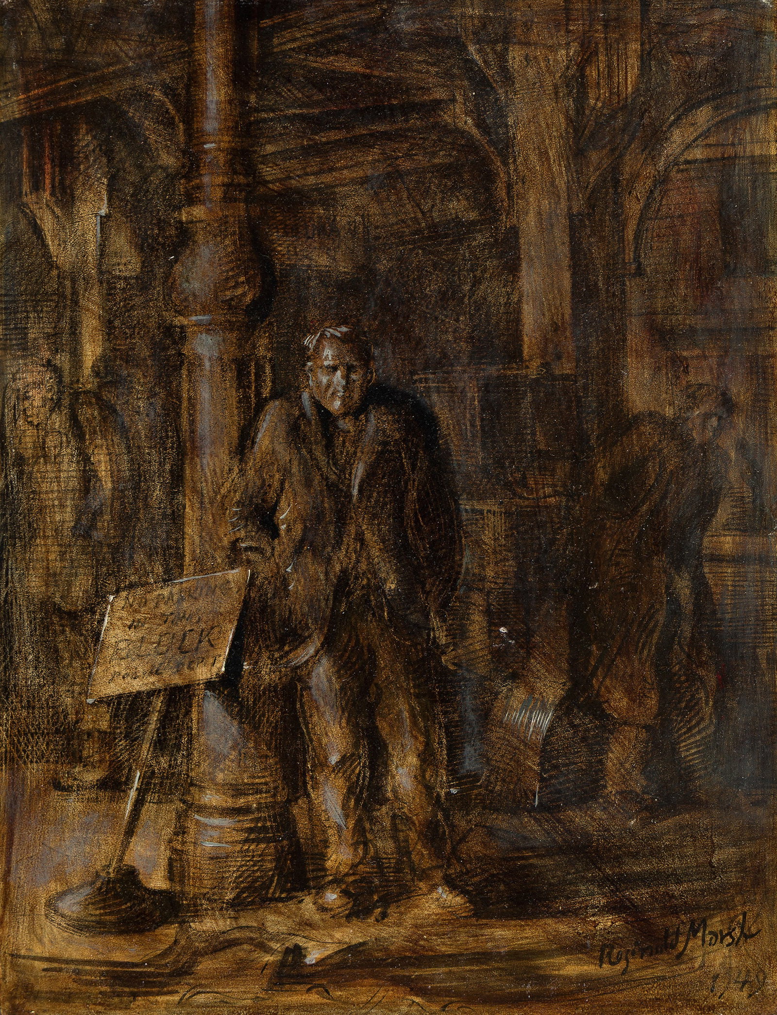 Reginald Marsh, Untitled, Under the El and Walking Girl (Double Sided), 1949-1950.: Reginald Marsh 1898-1954 Untitled, Under the El and Walking Girl (Double Sided). Oil on board, 1949-1950. Signed and dated at lower right, recto. Signed and dated at lower right, verso. 16 x 12 in. (4