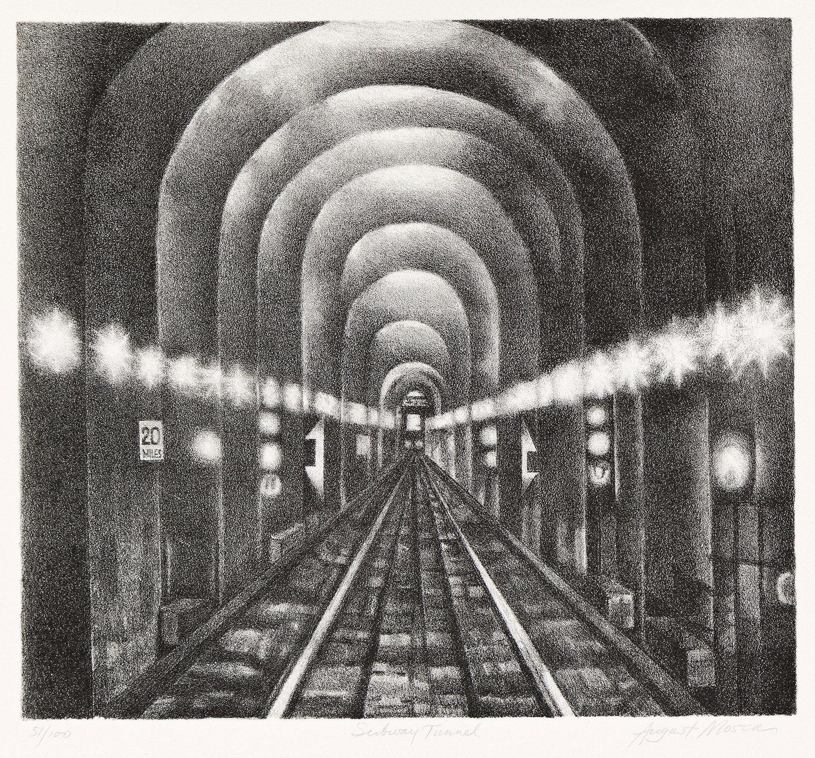 August Mosca, Subway Tunnel, Lithograph, circa 1947.: August Mosca 1909-2003 Subway Tunnel. Lithograph, circa 1947. Signed, titled and numbered 51/100 in pencil, lower margin. Image: 9 7/8 x 11 in. (25.1 x 27.9 cm.), full margins. Additional Det