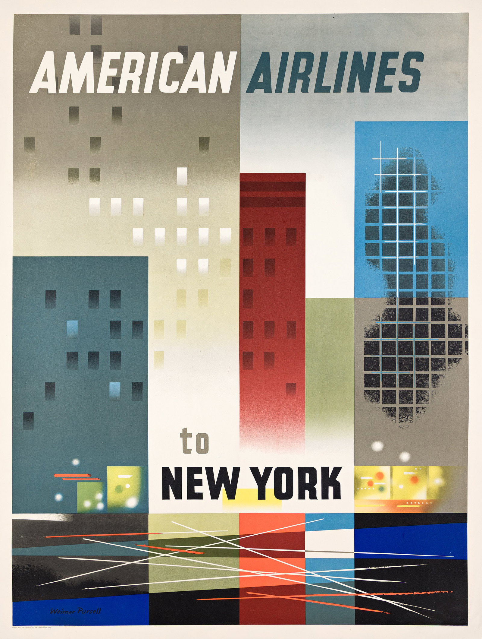 Weimer Pursell, American Airlines to New York, 1956.: Weimer Pursell 1906-1974 American Airlines to New York. 1956. Lithograph poster. Abstracted skyscrapers, shop windows, traffic-filled streets and the hustle-and-bustle of New York City life are all re