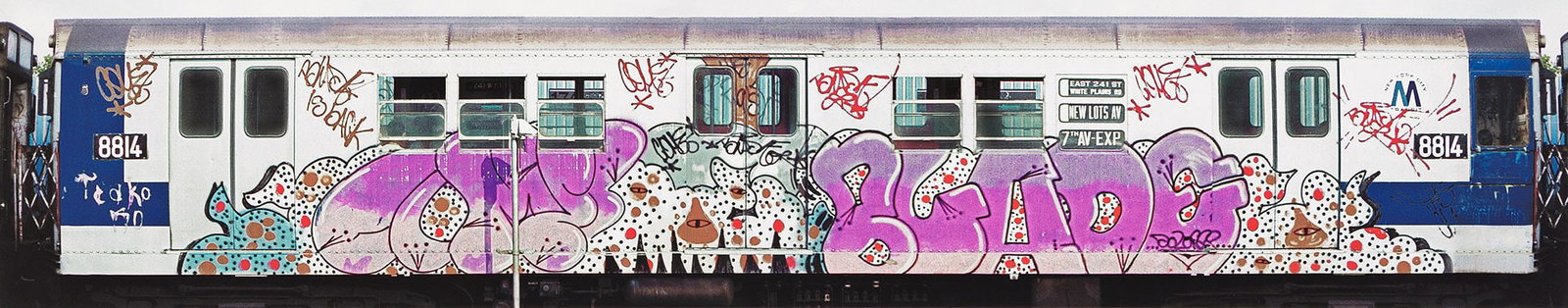 Henry Chalfant, NYC subway graffiti panorama (purple lettering), 1979; printed 2011. (1 of 1)