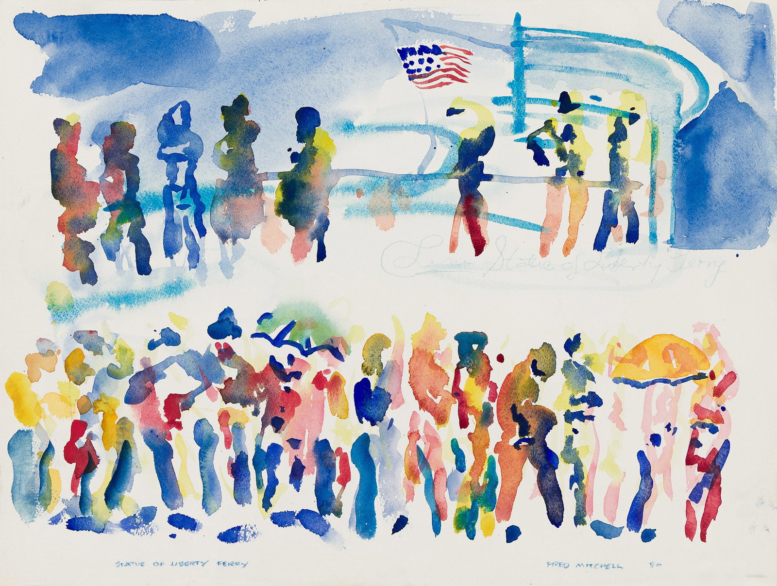 Fred Mitchell, Statue of Liberty Ferry, 1980.: Fred Mitchell 1923-2013 Statue of Liberty Ferry. Watercolor on paper, 1980. Signed, titled, and dated in colored pencil at lower margin. 12 1/8 x 16 1/8 in. (30.8 x 41 cm.), Frame: 21 x 24 3/4 in. (53
