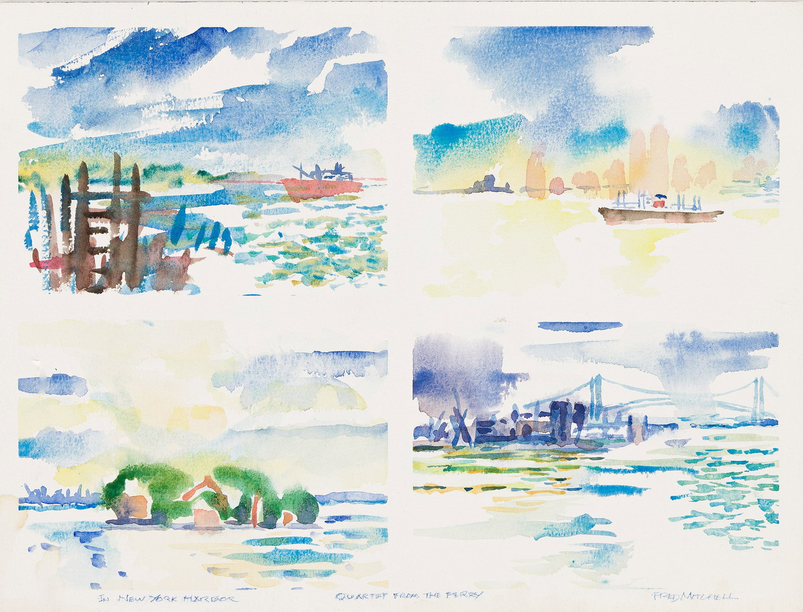 Fred Mitchell, In New York Harbor, Quartet from the Ferry.: Fred Mitchell 1923-2013 In New York Harbor, Quartet from the Ferry. Watercolor on paper. Signed and titled in colored pencil, lower margin. 12 1/8 x 16 1/8 in. (30.8 x 41 cm.) Additional Deta
