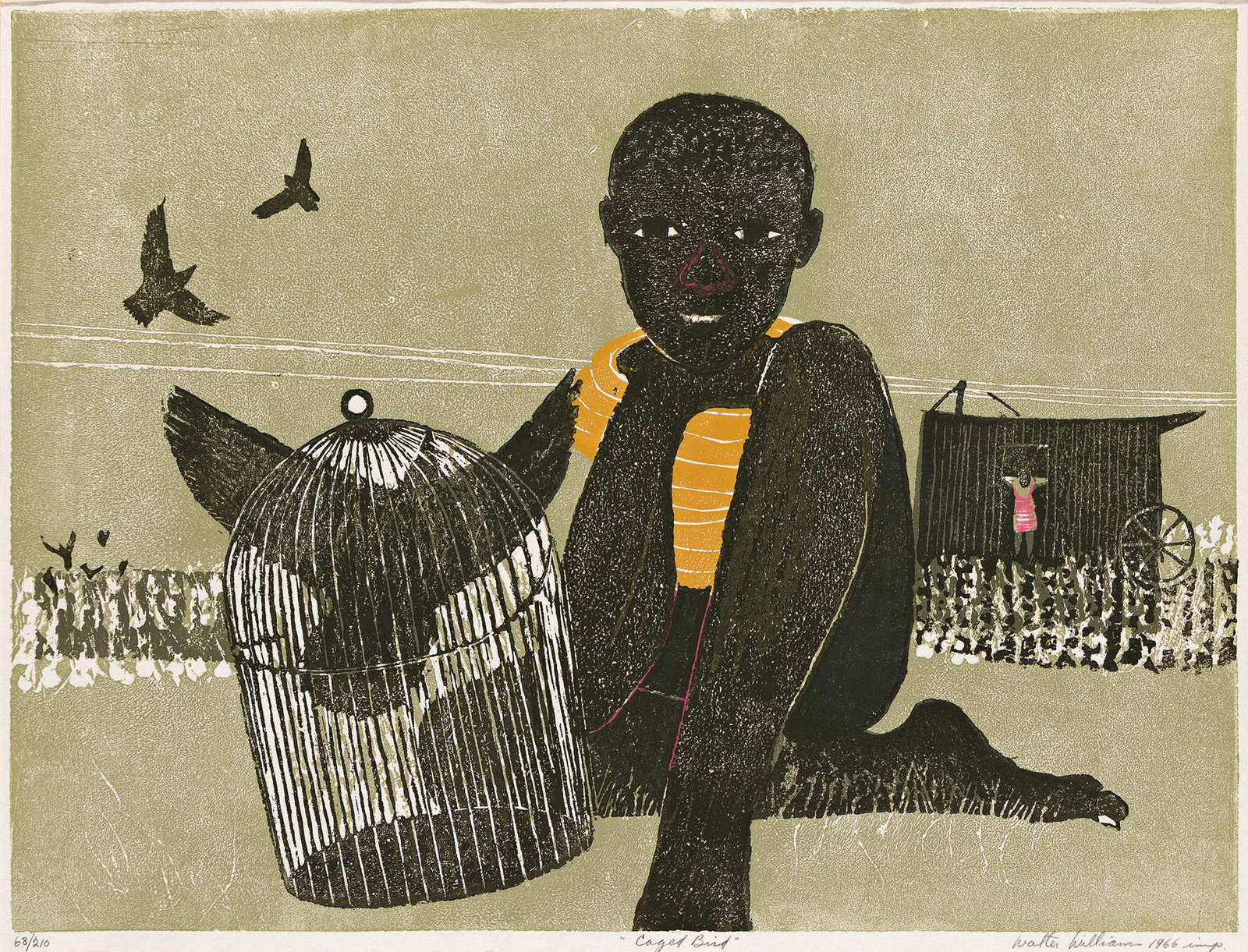 Walter Williams (1920-1998), Caged Bird, 1966.: Walter Williams (1920-1998) Caged Bird. Color woodcut on thin imitation Japan paper, 1966. Signed, titled, dated, numbered 68/210 and inscribed "imp." in pencil, lower margin. Image: 18 1/8 x 24 1/8 i