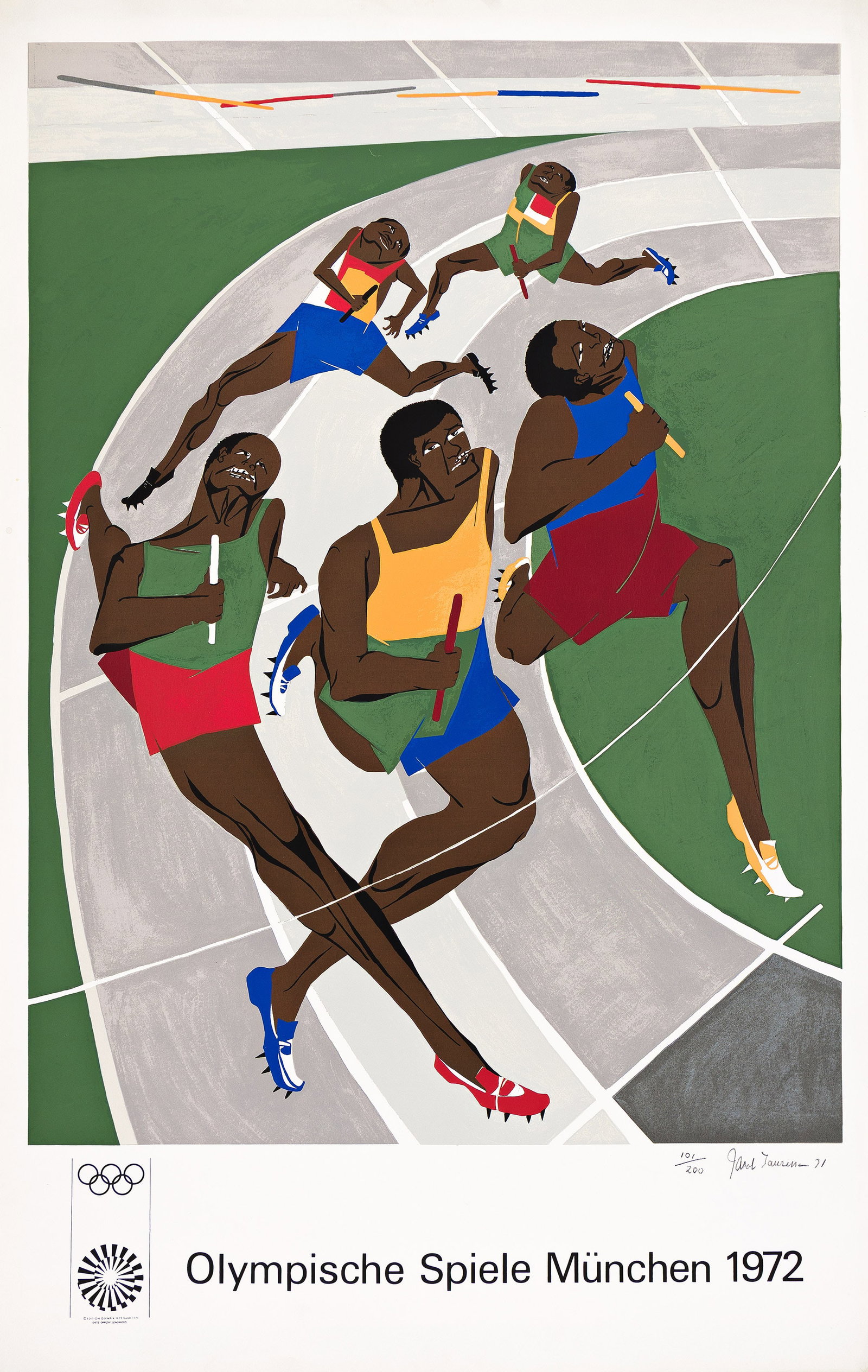 Jacob Lawrence (1917-2000), Olympic Games, 1971.: Jacob Lawrence (1917-2000) Olympic Games. Color screenprint on Schoellers Parole Paper, 1971. Signed, dated and numbered 101/200 in pencil, lower margin. Printed by Dietz Offizin, Lengmoos, Germany. P
