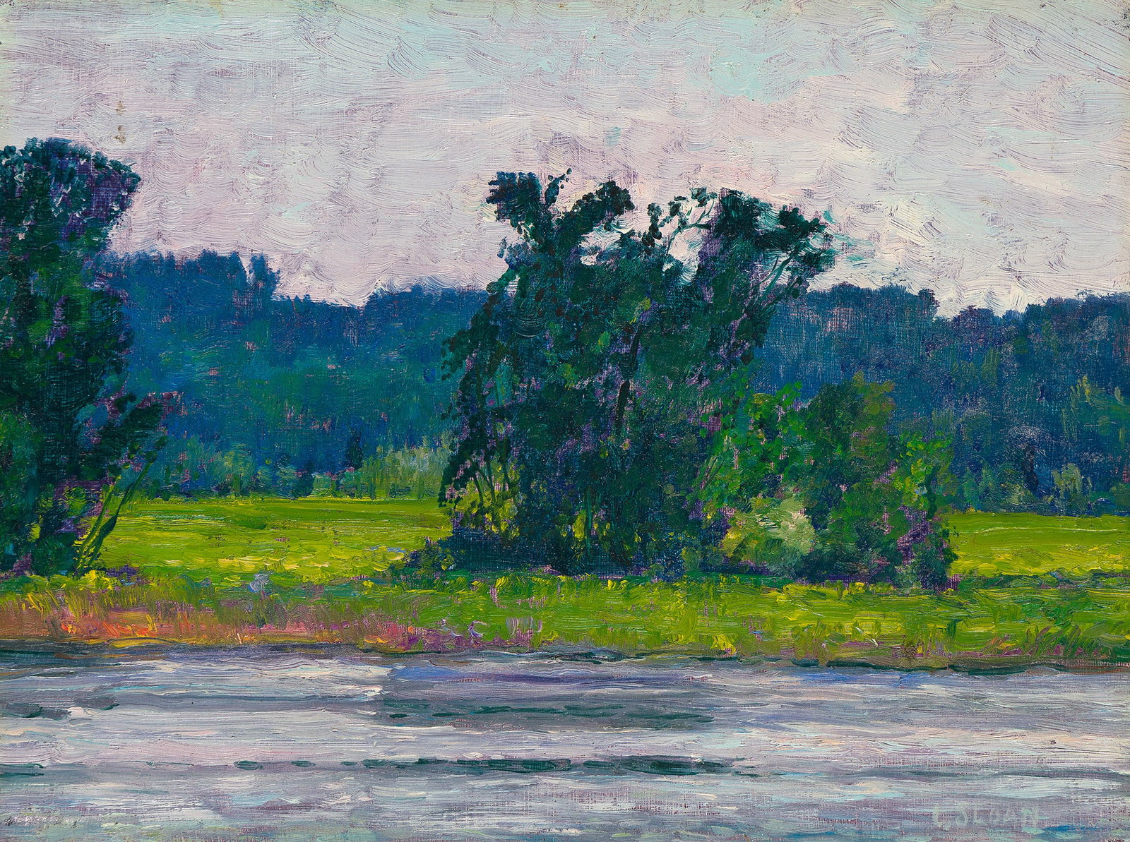 Louis B. Sloan 1932-2008, Untitled (Landscape), circa 1990s.: Louis B. Sloan 1932-2008 Untitled (Landscape). Oil on Masonite board, circa 1990s. Signed, lower right. 5 7/8 x 7 7/8 in. (14.9 x 20 cm.), Frame: 7 x 9 1/2 x 3/4 in. (17.8 x 24.1 x 1.9 cm.) A