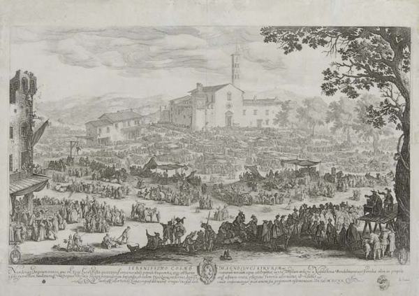 JACQUES CALLOT L'Impruneta (2e planche).: JACQUES CALLOT L'Impruneta (2e planche). Etching, 1622. 430x670 mm; 17x26 3/8 inches, small to wide margins. An undescribed state between the second or third and sixth states (of 6), with the inscript