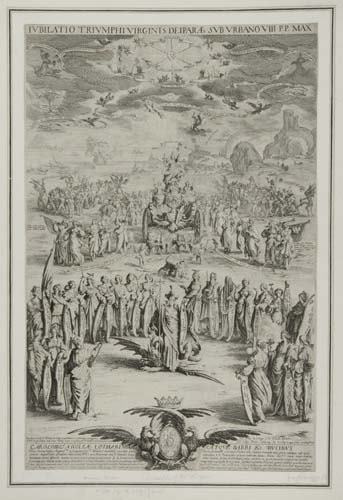 JACQUES CALLOT The Triumph of the Virgin (The: JACQUES CALLOT The Triumph of the Virgin (The Small Thesis). Etching, 1625. 556x365 mm; 22x14 3/8 inches. Second state (of 2). Ex-collection Durazzo, according to a pencil inscription on the mount (no