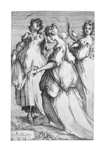 JACQUES BELLANGE Three Holy Women.: JACQUES BELLANGE Three Holy Women. Etching and engraving, circa 1610. 300x197 mm; 12x7 3/4 inches. Bunch of grapes with a curving stalk (Griffiths/Hartley 11, which they cite for this print). Trimmed