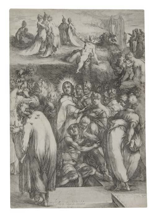 JACQUES BELLANGE The Raising of Lazarus.: JACQUES BELLANGE The Raising of Lazarus. Etching, circa 1630. 445x307 mm; 17 1/2x12 1/8 inches. Grapes with the name Colonbier watermark (Griffiths/Hartley 15-16, which they cite for this print). Trim