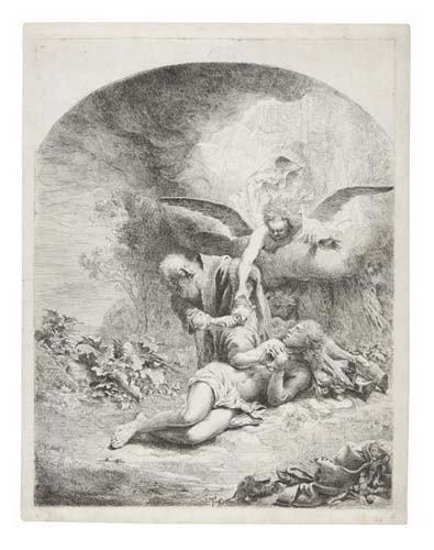 FERDINAND BOL Abraham's Sacrifice.: FERDINAND BOL Abraham's Sacrifice. Etching and drypoint, circa 1650. 424x325 mm; 16 3/4x12 7/8 inches, small margins. A very good impression of this scarce print, with drypoint on the incense burner l