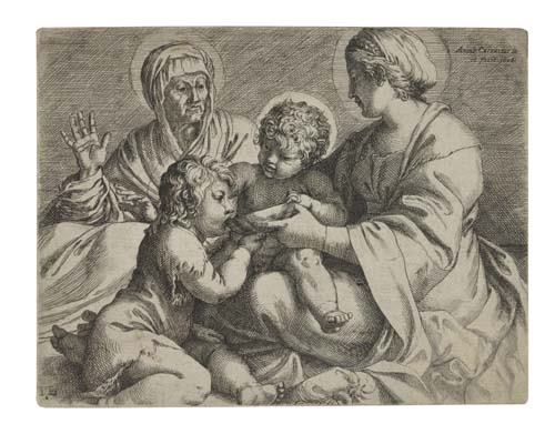 ANNIBALE CARRACCI Madonna and Child with Saint: ANNIBALE CARRACCI Madonna and Child with Saints Elizabeth and John the Baptist. Etching and engraving, 1606. 125x163 mm; 5x6 1/2 inches. Second state (of 3). Ex-collection Peter Lely (Lugt 2093, lower