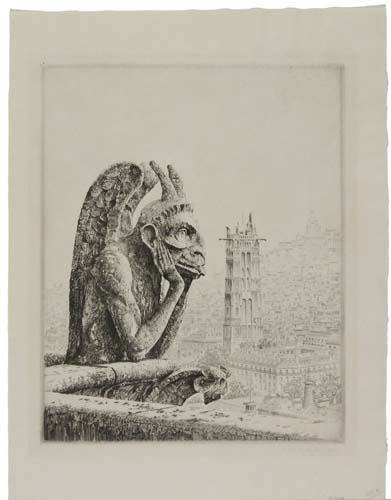 JOHN TAYLOR ARMS Le Penseur de Notre Dame.: JOHN TAYLOR ARMS Le Penseur de Notre Dame. Etching, 1923. 322x258 mm; 12 5/8x10 1/8 inches, full margins. First state (of 2). Edition of 150. Signed and dated in pencil, lower right. A superb, clear i